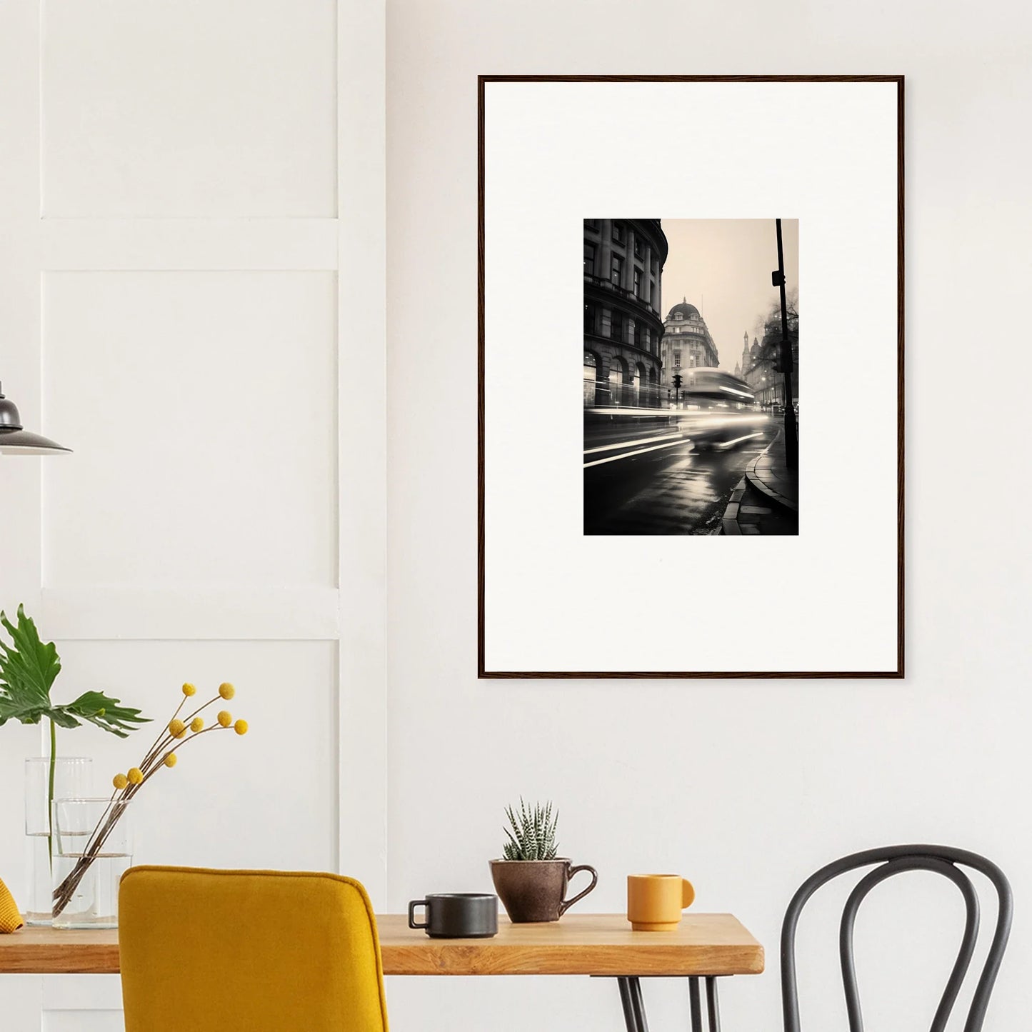 Framed black and white photo of a rainy city street in Ethereal Citypulse Reverie