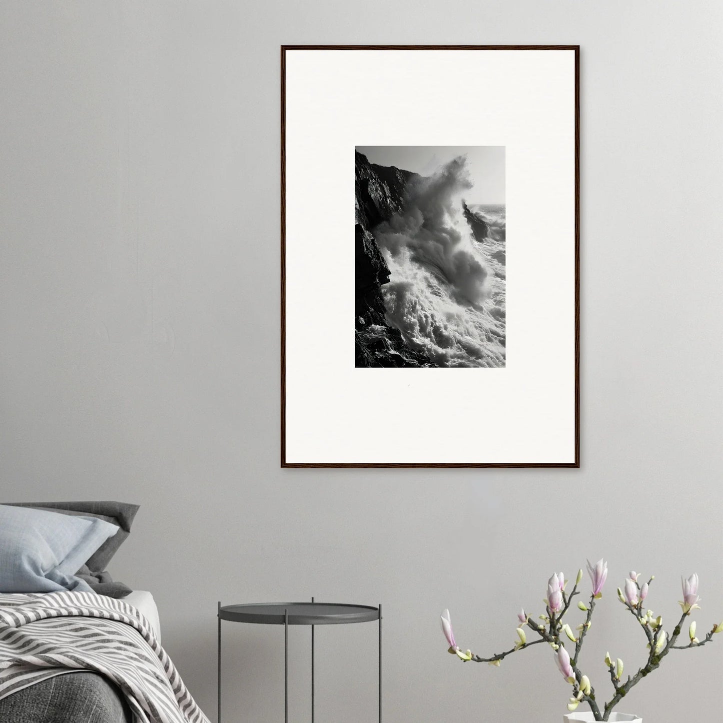 Framed black and white art of crashing waves in Ephemeral Echoes Surge special edition