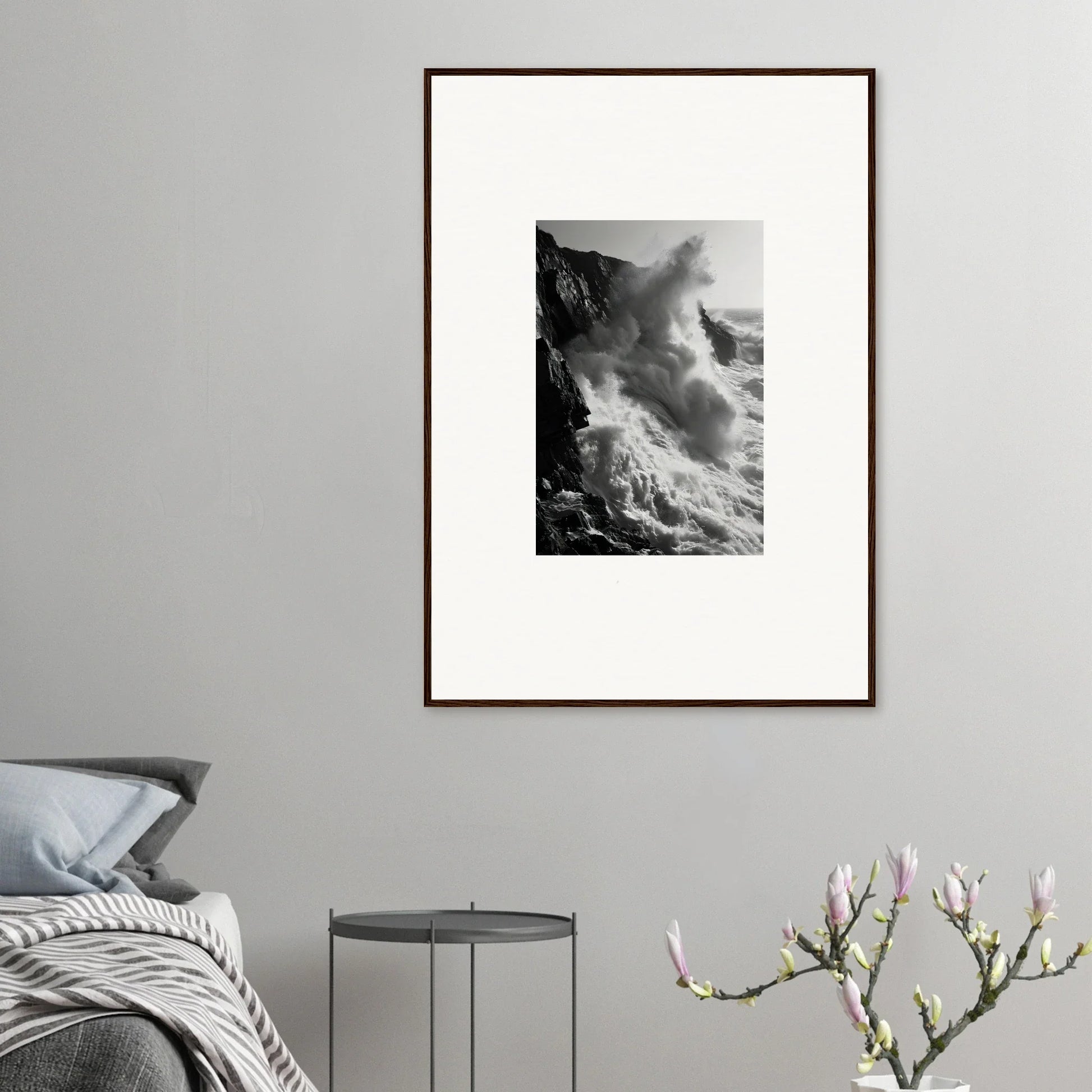 Framed black and white art of crashing waves in Ephemeral Echoes Surge special edition