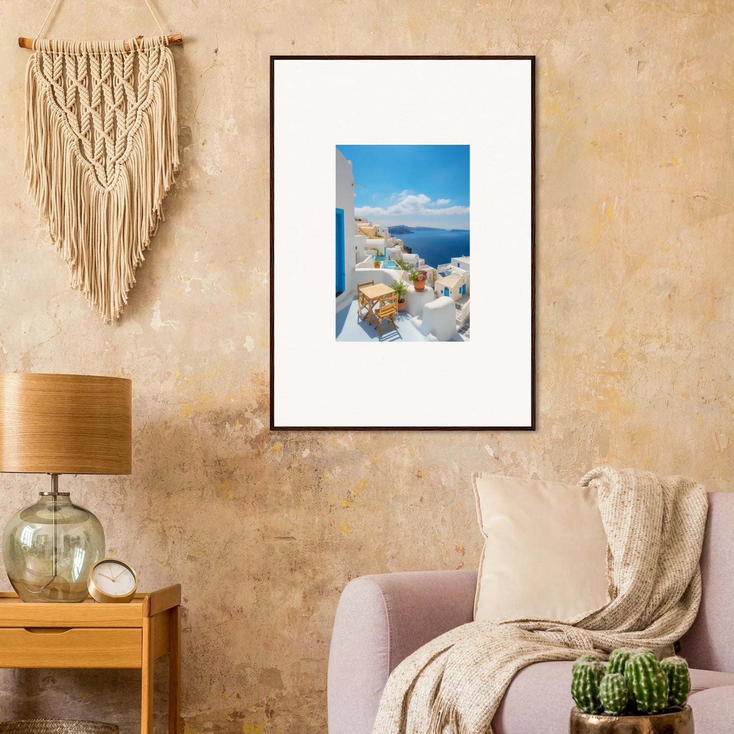 Framed poster of Santorini’s white buildings in Dream-Touched Odyssey special edition art™