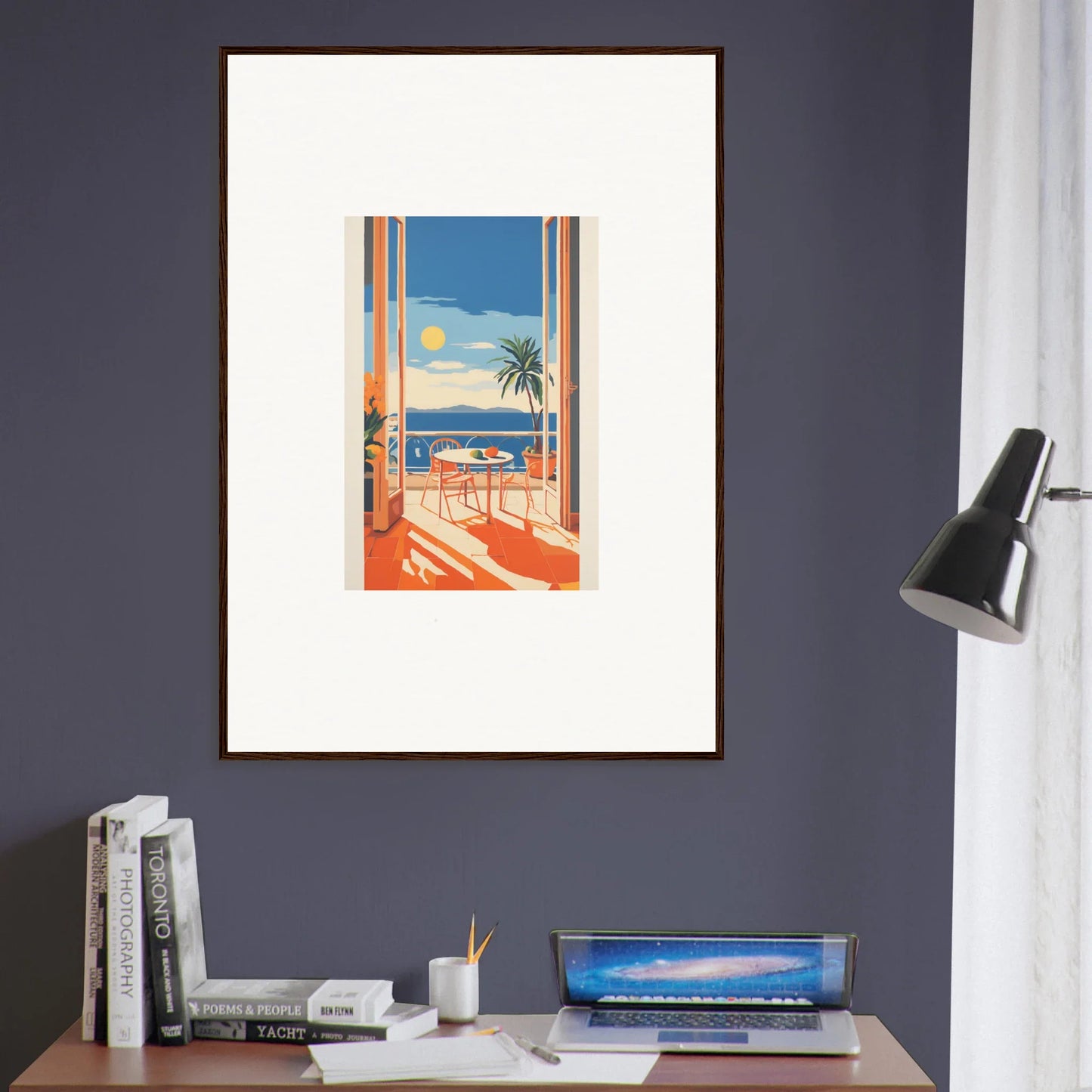 Framed poster of a tropical beach view for Tranquil Mirage Brunch art print
