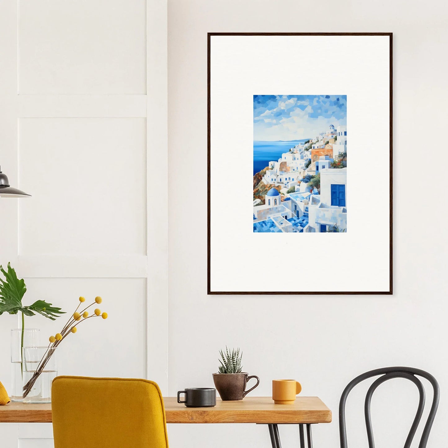 Framed artwork of Santorini’s white buildings and blue domes for Galaxies Azure Solenduax