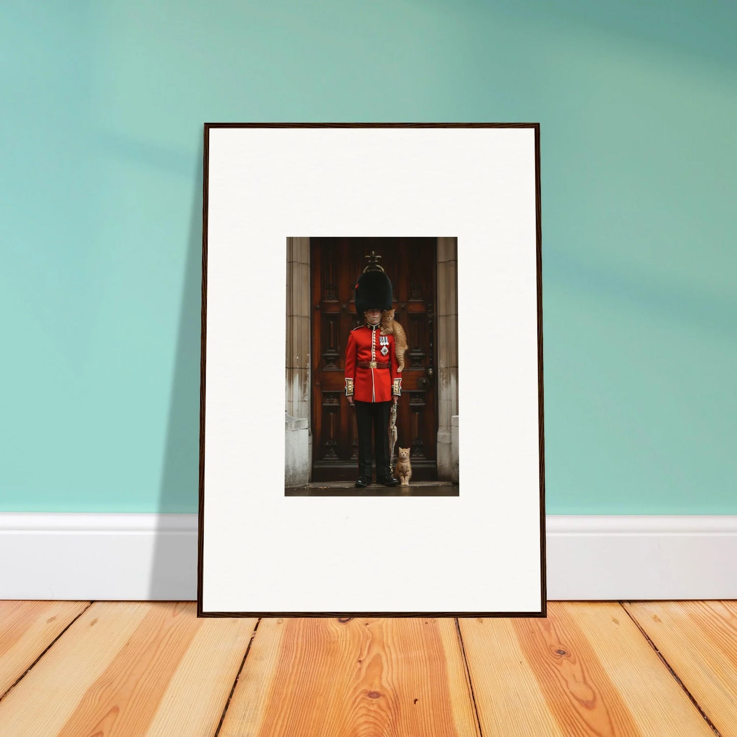 Framed photograph of a Queen’s Guard in doorway for God Save the Queen and the Cats art
