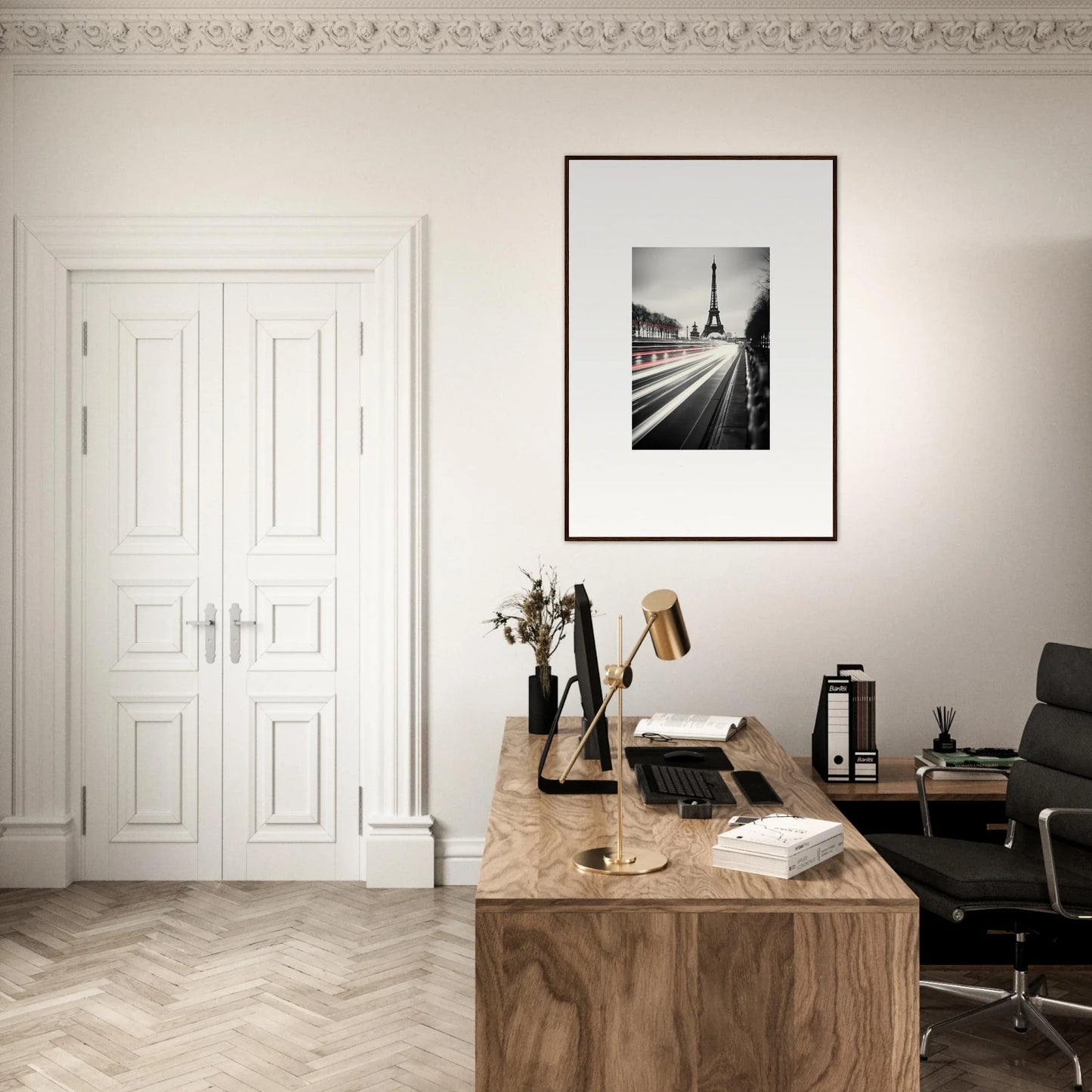 Wooden desk with vintage typewriter and office accessories, featuring Eternal Windsweep Halo