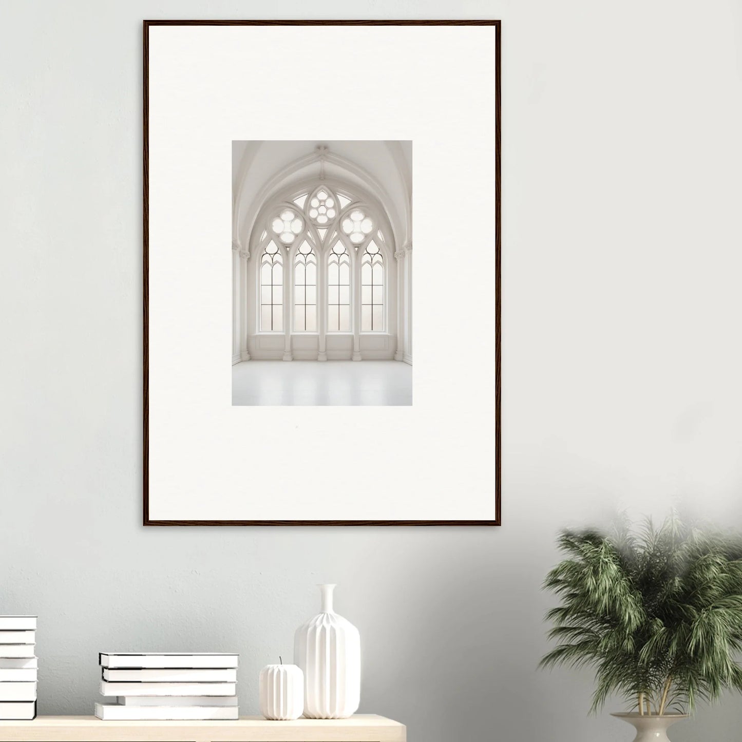 Framed wall art of a Gothic church window in Ethereal Light Elegy design