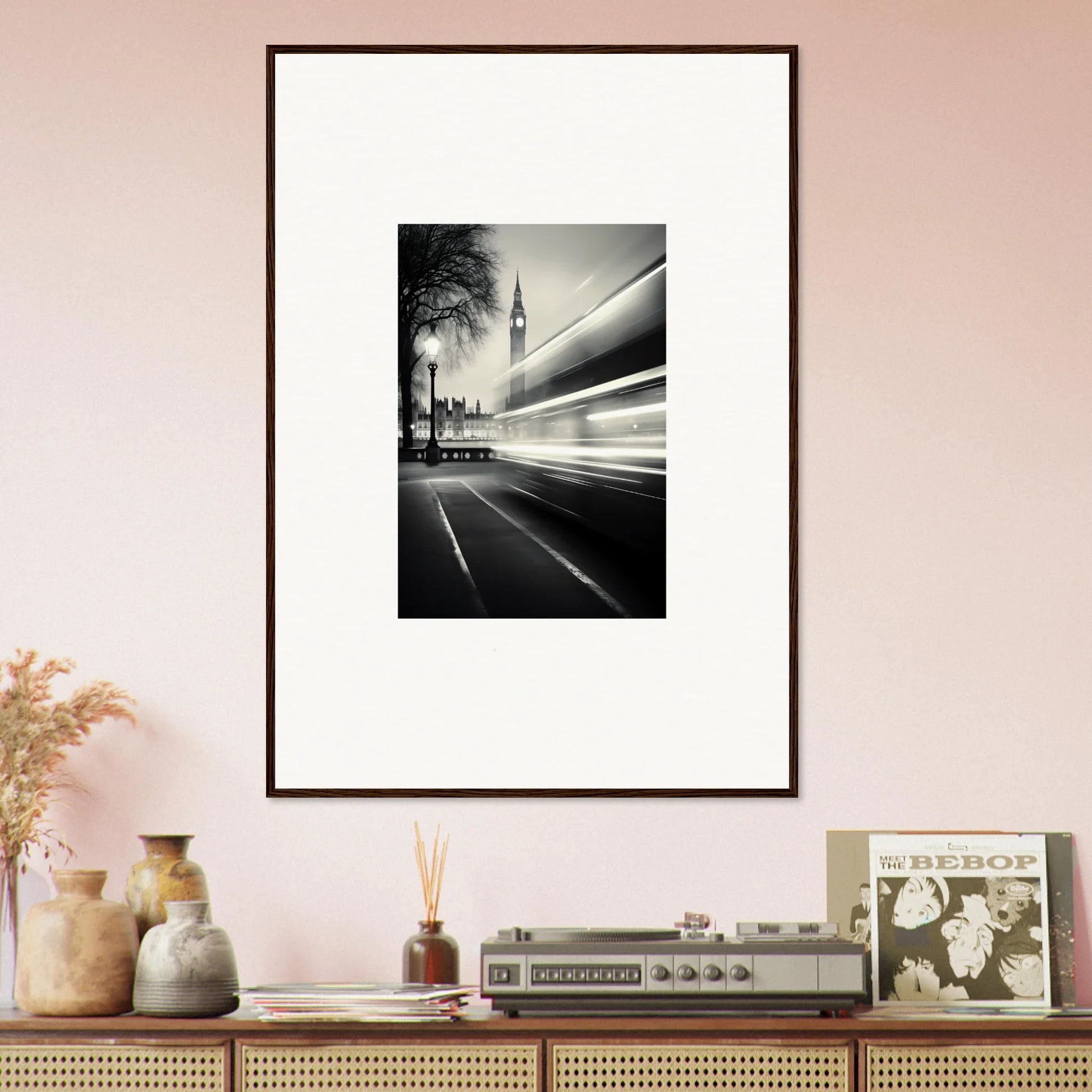 Framed black and white Big Ben photo with light trails for Fluid Timeless Pulse art