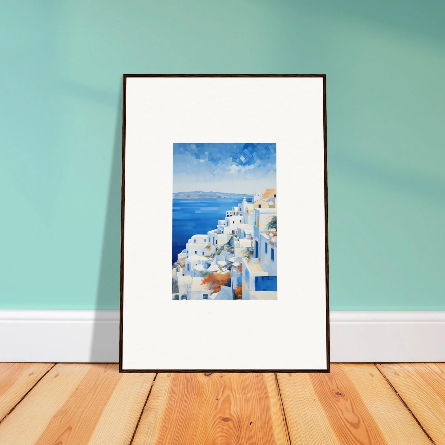 Framed wall art of ethereal azure echoes capturing Santorini’s beauty by the sea