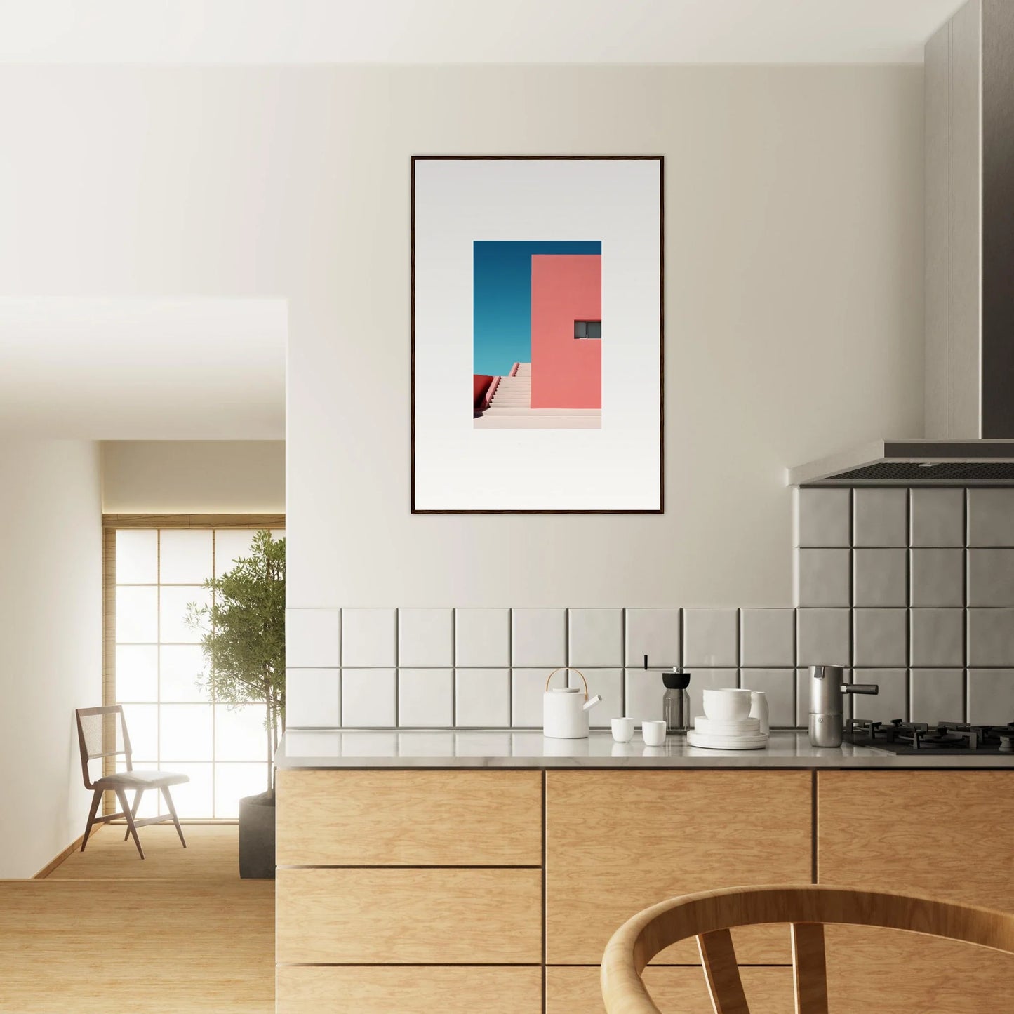 Framed wall art of Cerulean Dream Ickles with coral pink and turquoise geometric shapes