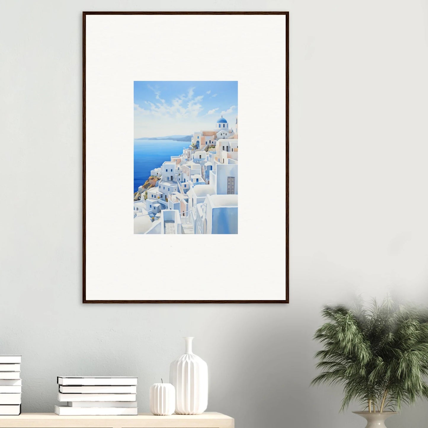 Framed artwork of Santorini’s white buildings and blue domes, perfect for Dreams Overlapping Reality