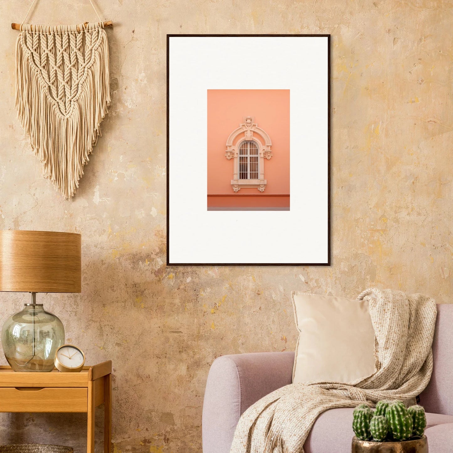 Framed photograph of an ornate pink window on a coral wall from Opulent Dualities Neoclassical