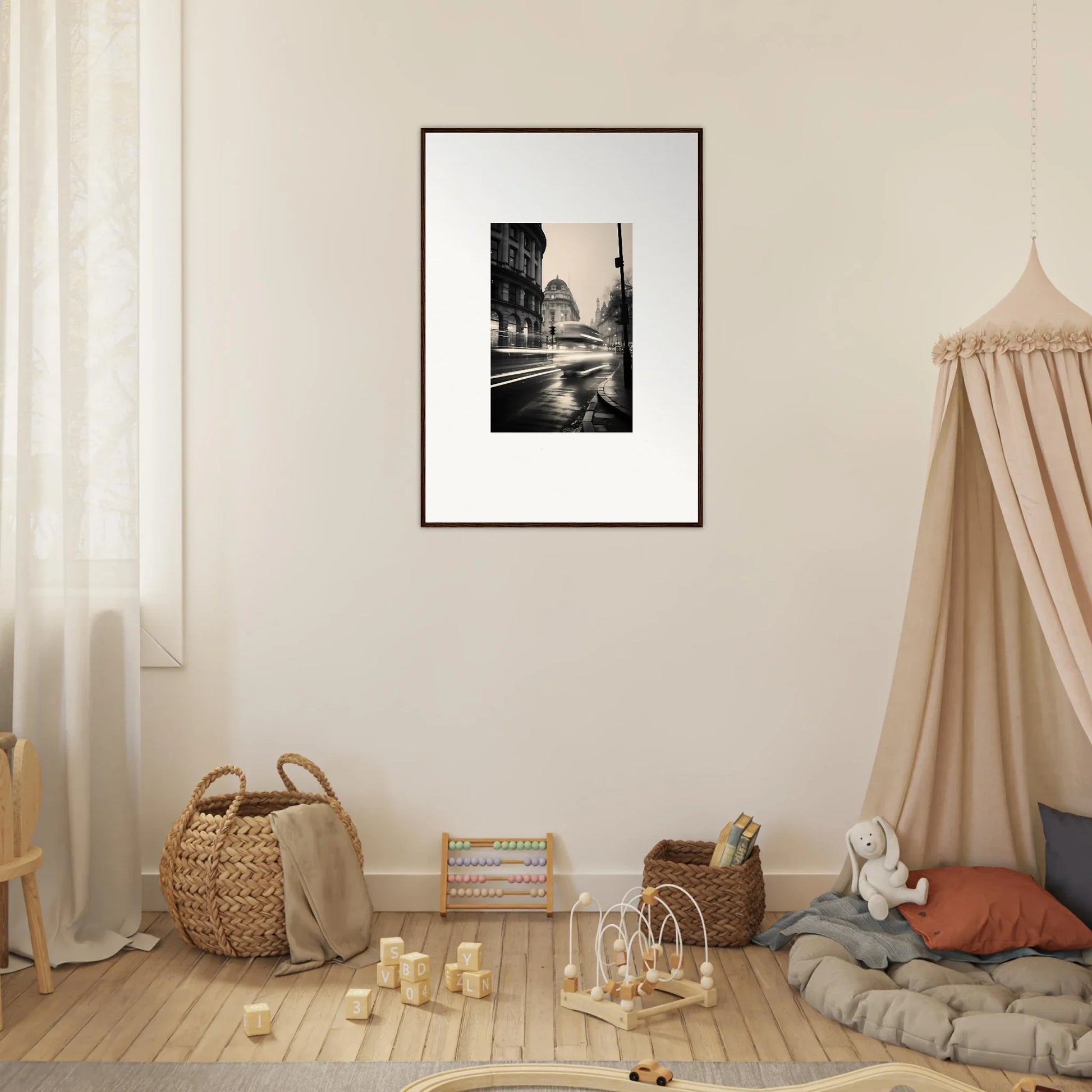 Framed black and white Eiffel Tower photo on a rainy street for Ethereal Citypulse Reverie