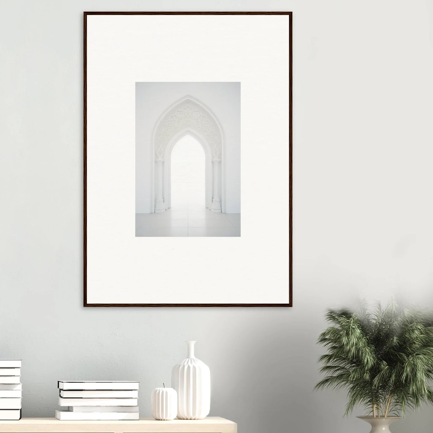 Framed black and white photo of an arched doorway in light for Meditative Nova Portal