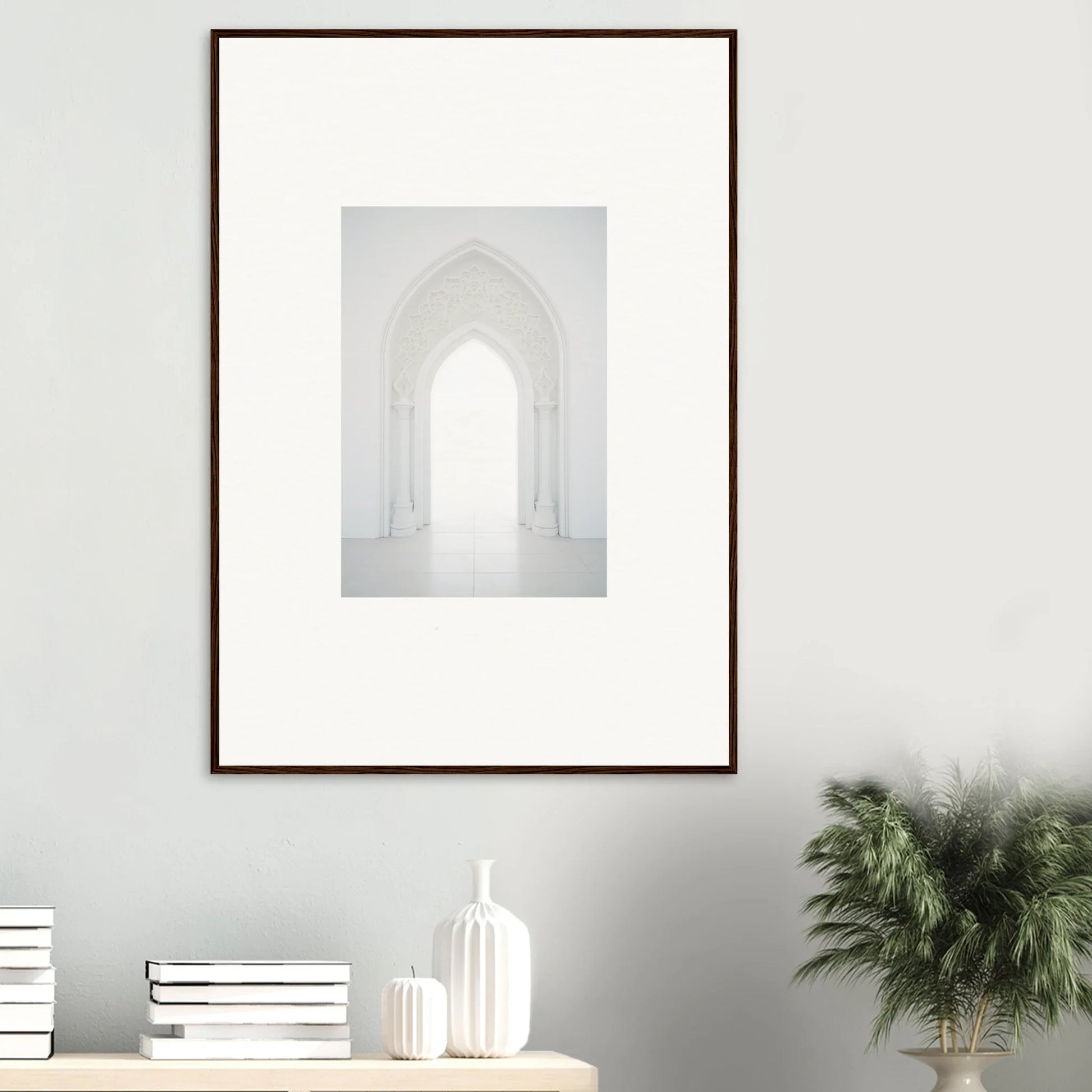 Framed black and white photo of an arched doorway in light for Meditative Nova Portal