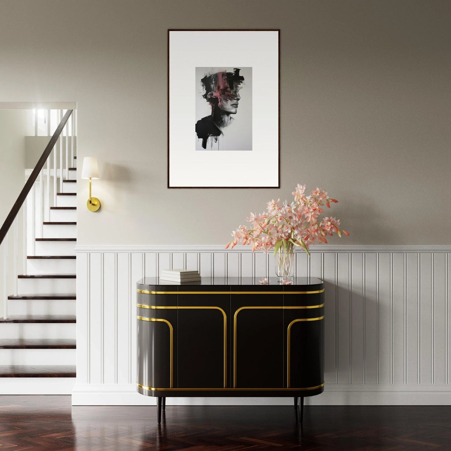 Black credenza with gold trim and curves, perfect for showcasing Fragmented Psyche Canvas