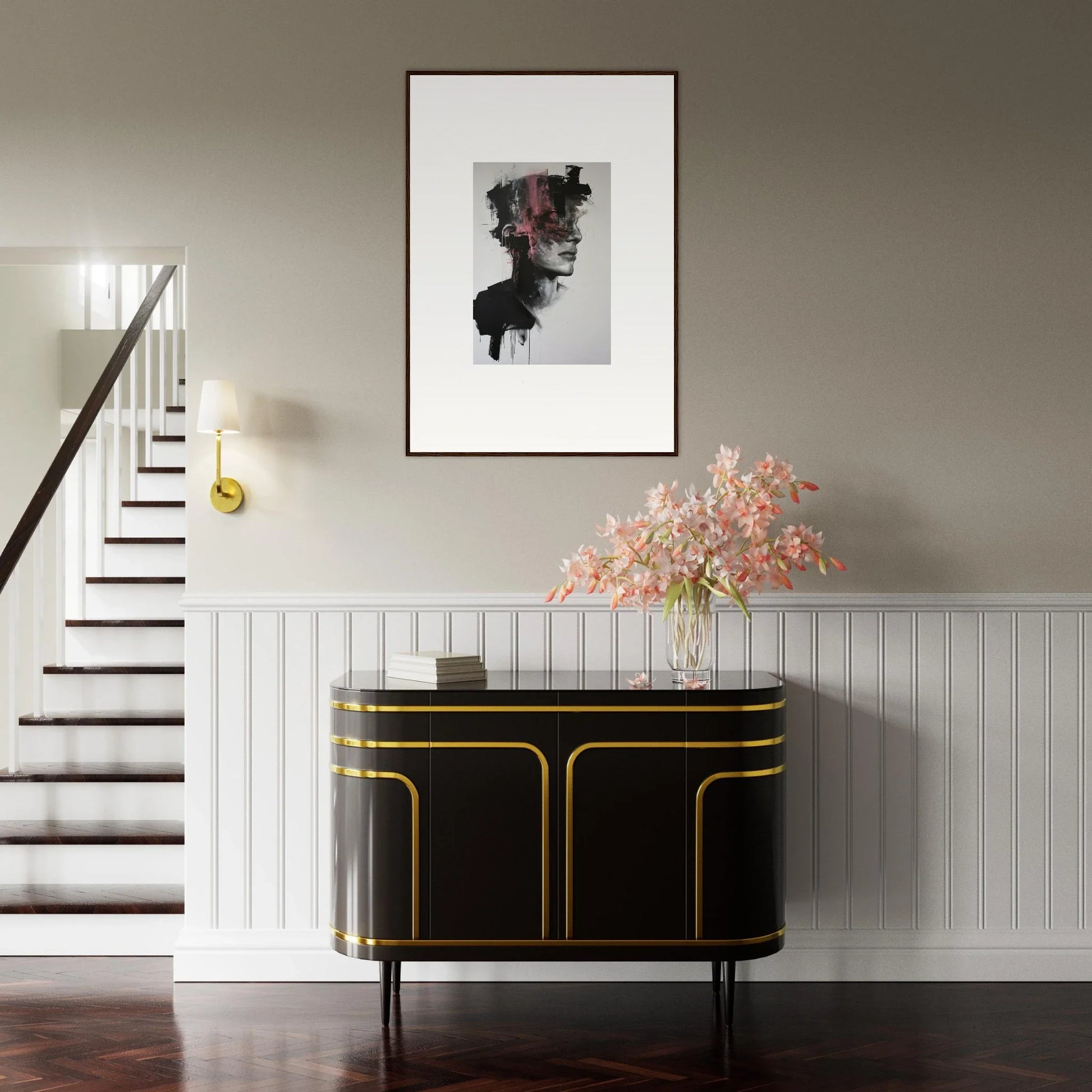 Black credenza with gold trim and curves, perfect for showcasing Fragmented Psyche Canvas