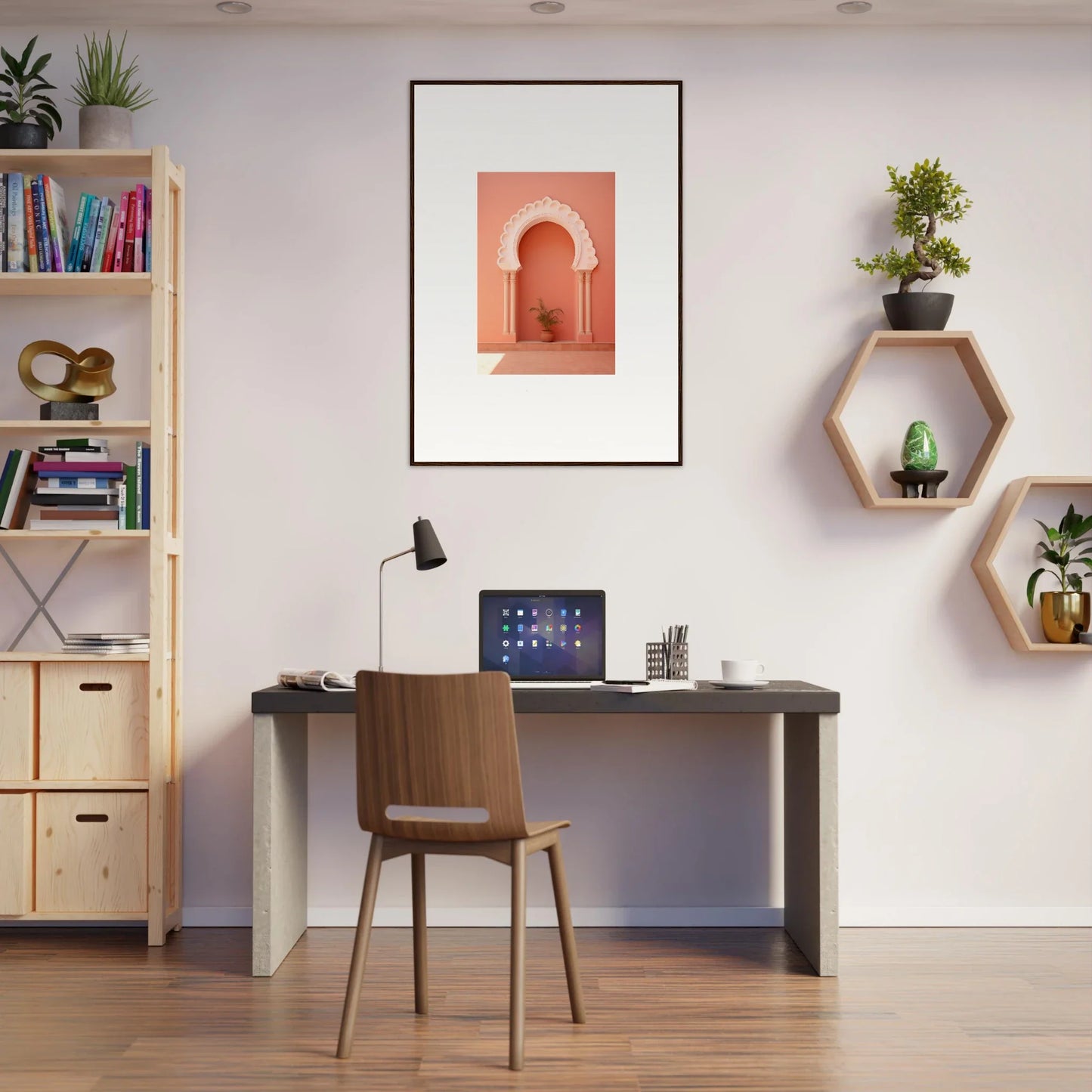 Modern home office with Narco Échappatoire Portal framed wall art on dark desk