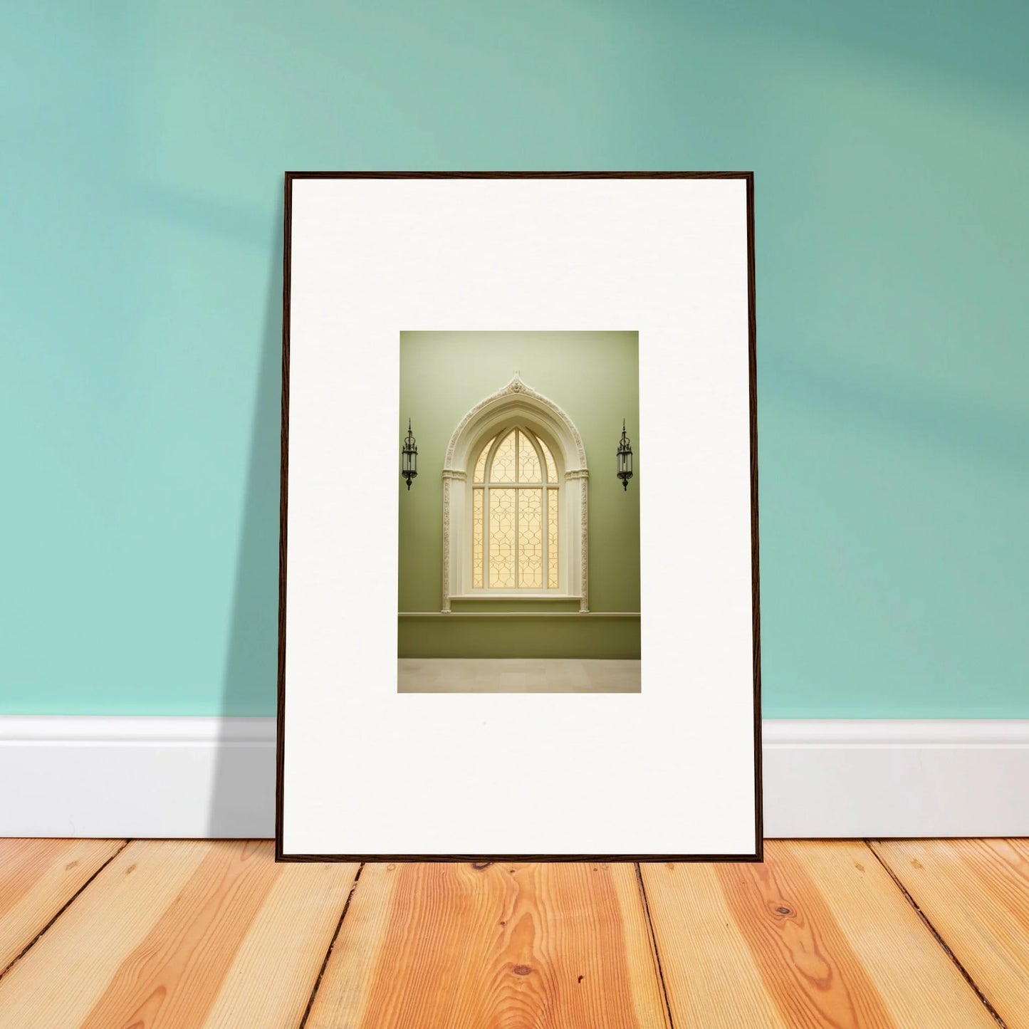 Framed wall art of an arched church window in Opalescent Tranquility Dwelling