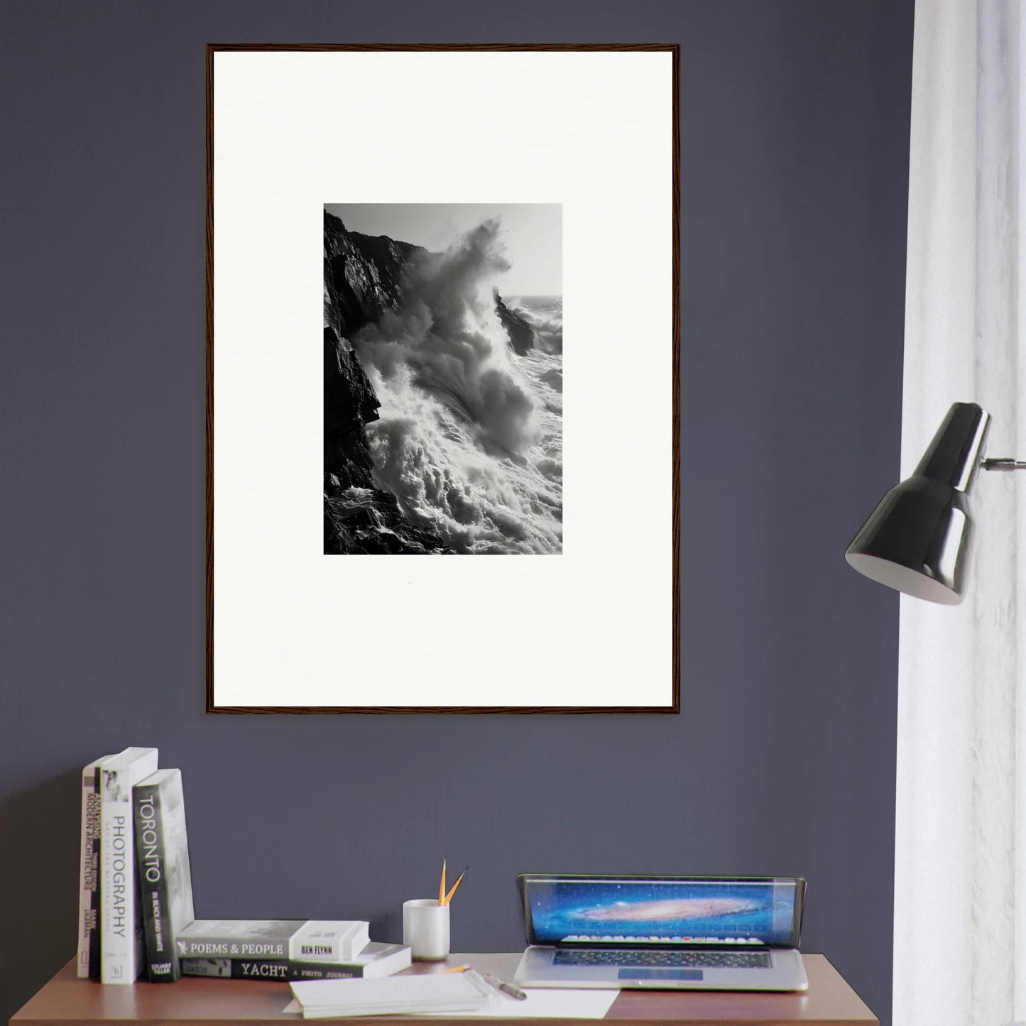 Black and white photo of crashing waves on cliffs for Ephemeral Echoes Surge art