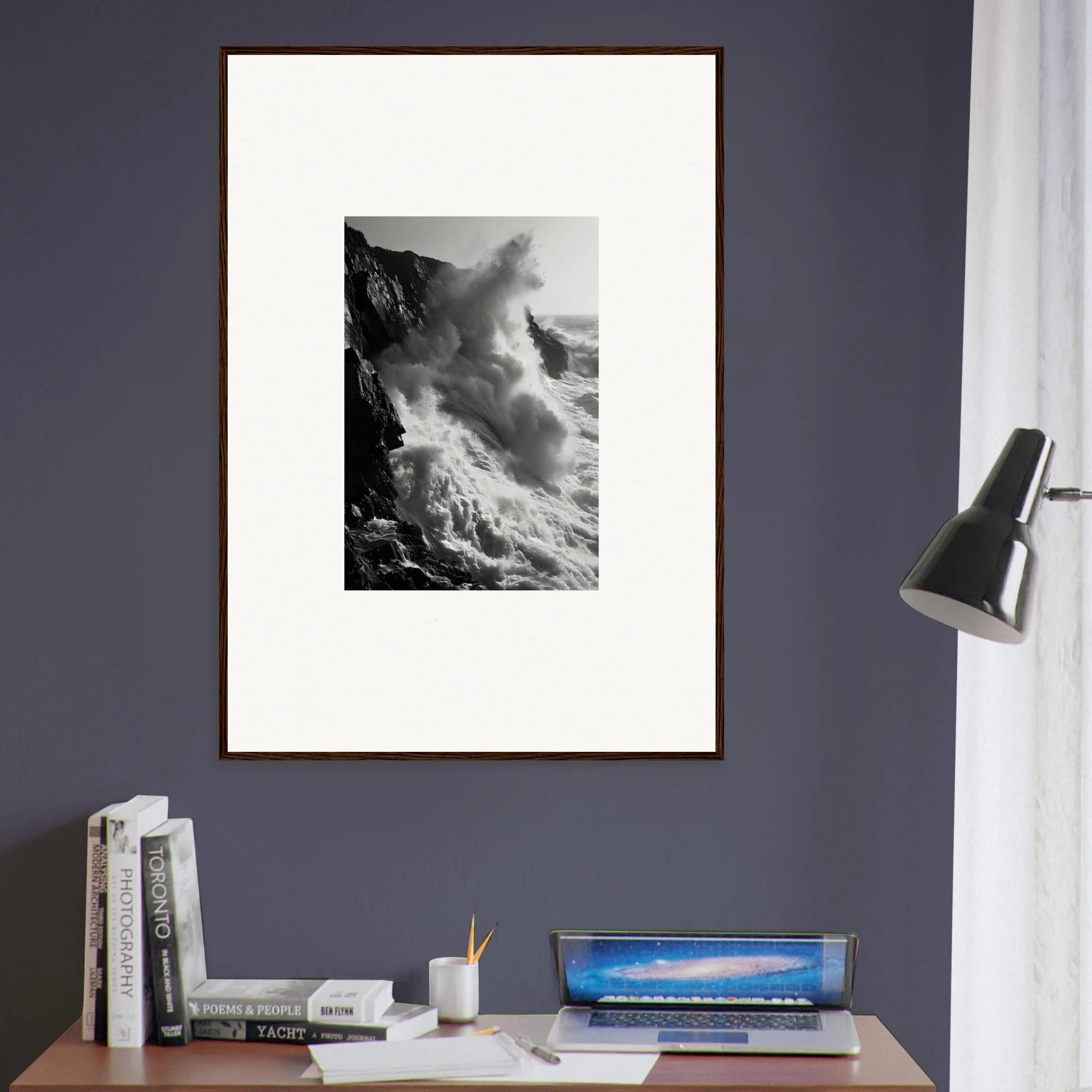 Black and white photo of crashing waves on cliffs for Ephemeral Echoes Surge art