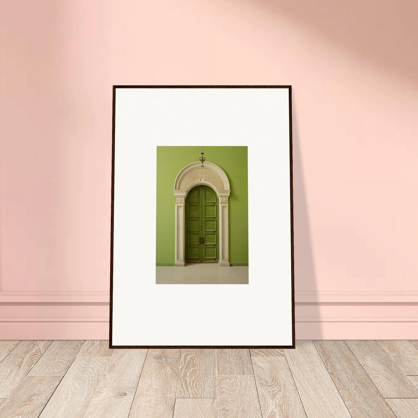 Framed wall art of a green arched door from the Verdant Luminary Portal collection
