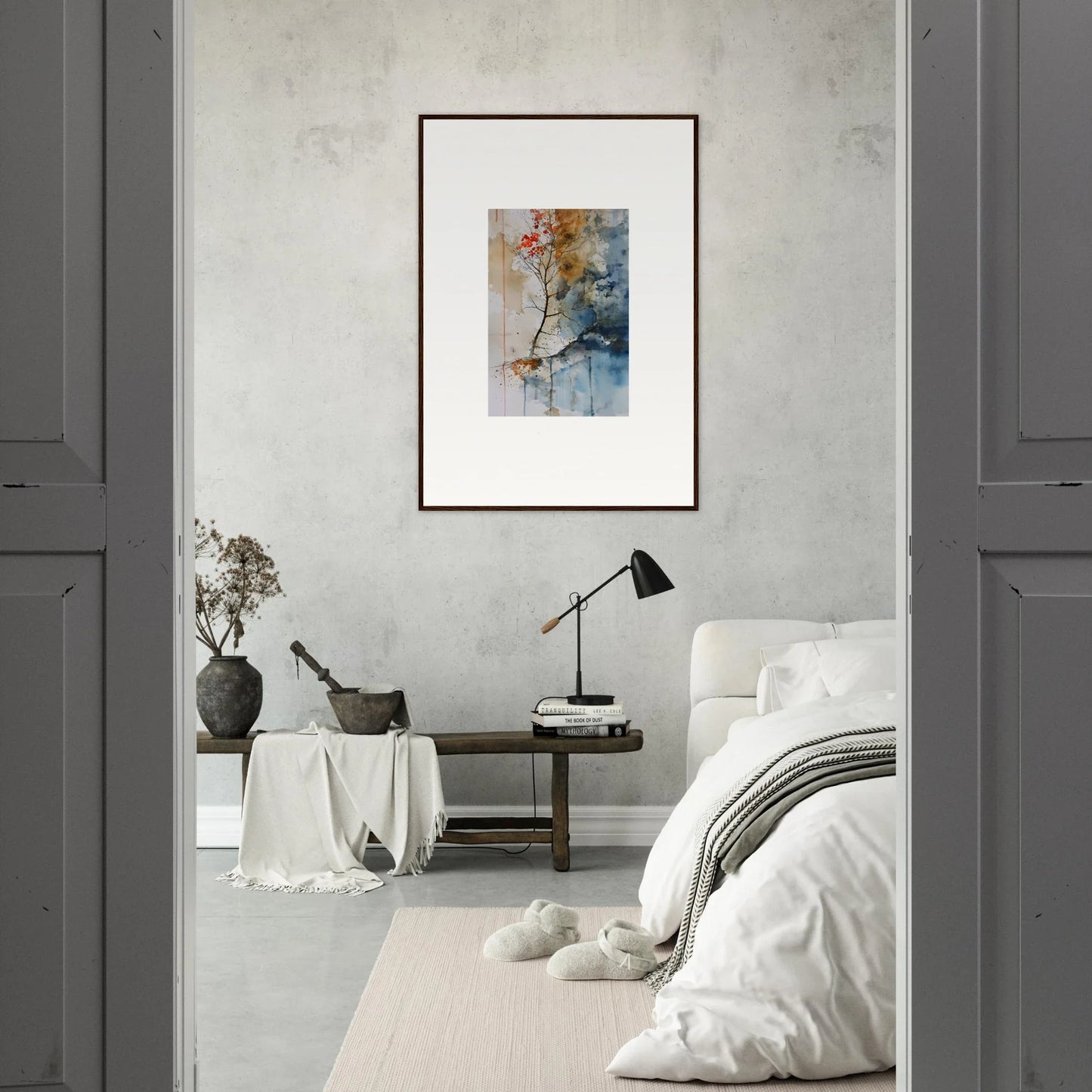 Framed abstract watercolor wall art called Autumn Echoes perfect for room decoration
