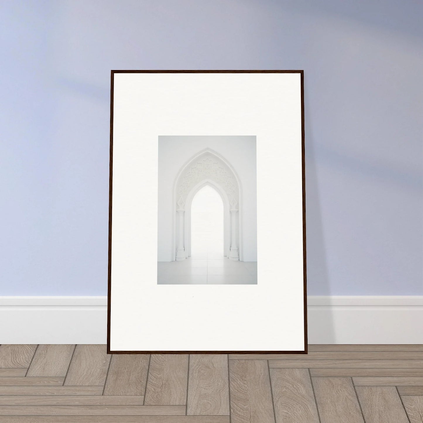 Framed black and white photo of an arched corridor from the Meditative Nova Portal art