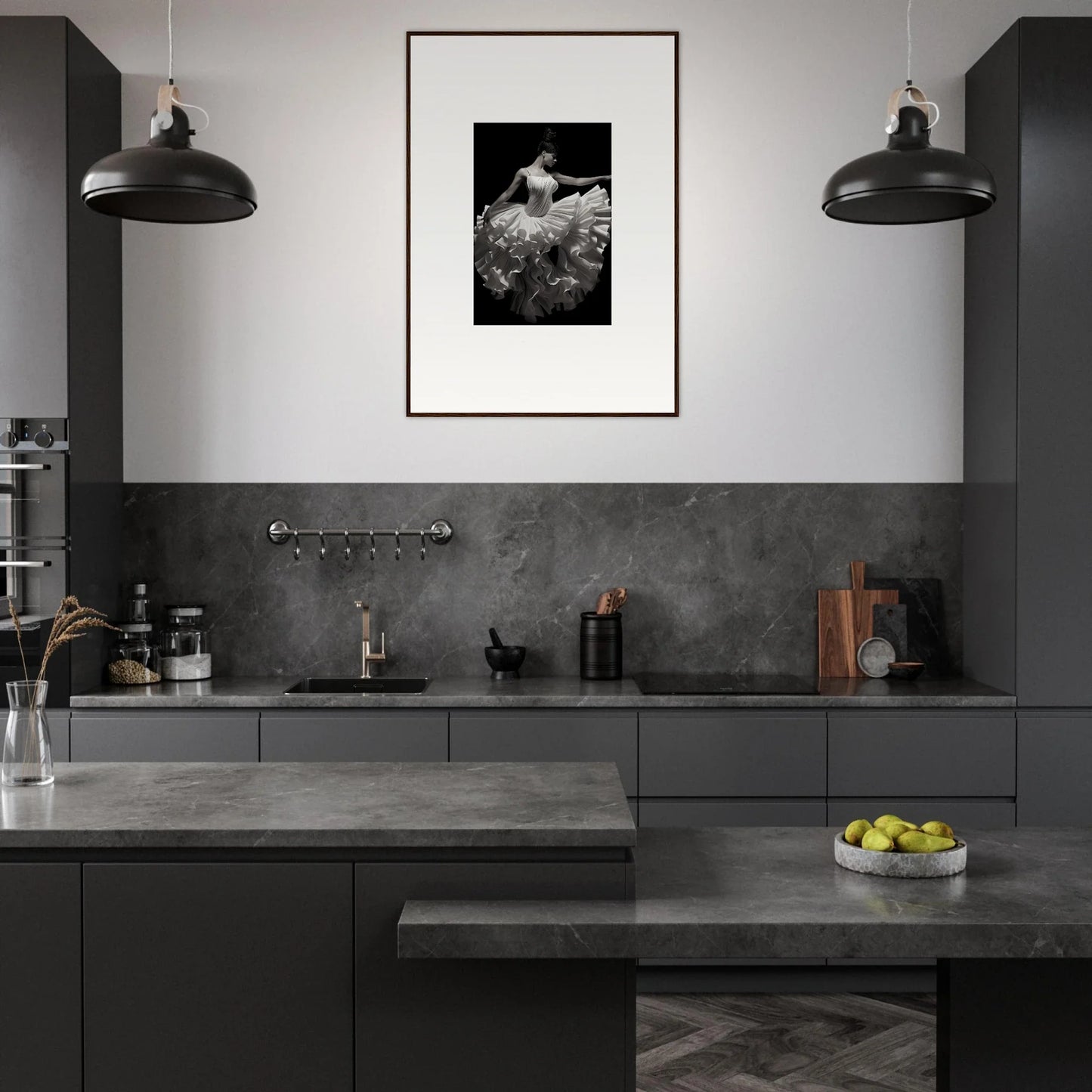 Modern dark gray kitchen with industrial lights and Gossamer Velvet Waltz art