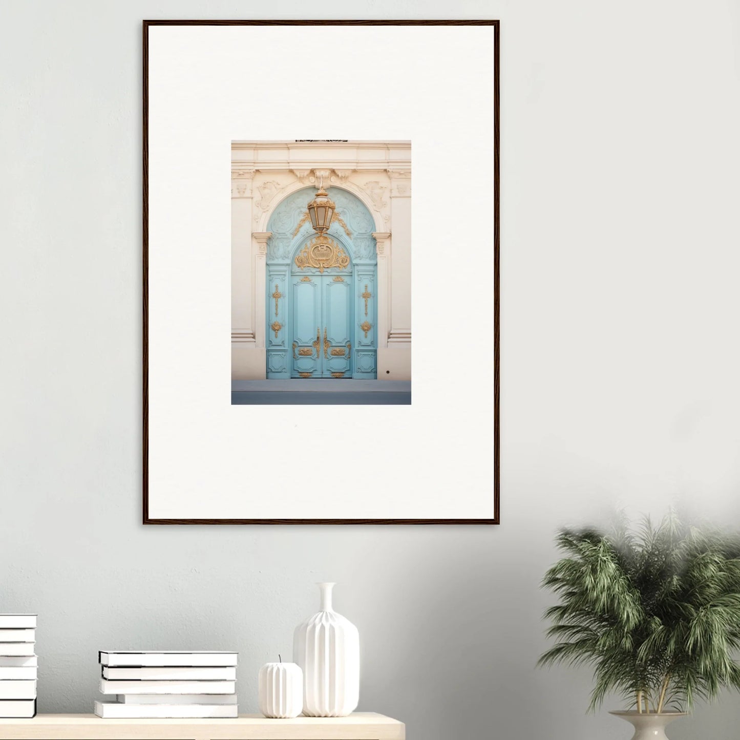 Framed poster of an ornate turquoise door from the Ethereal Thresholding Gate art series