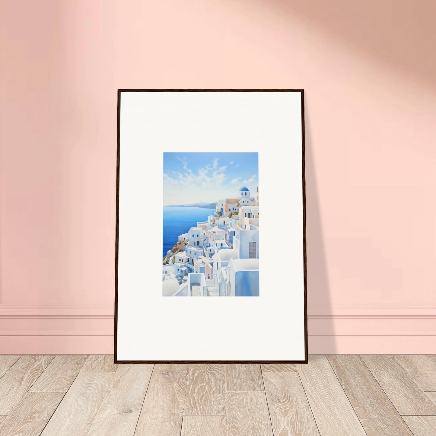 Framed premium wall art of Santorini’s blue domes and white buildings, dreams overlapping reality