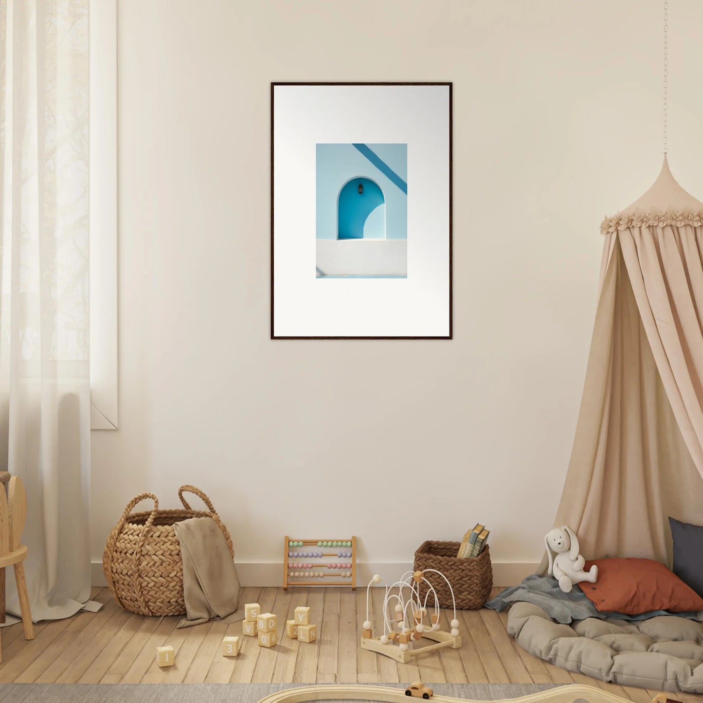 Framed wall art of a blue archway on a white wall from Elusive Solitude Clarity