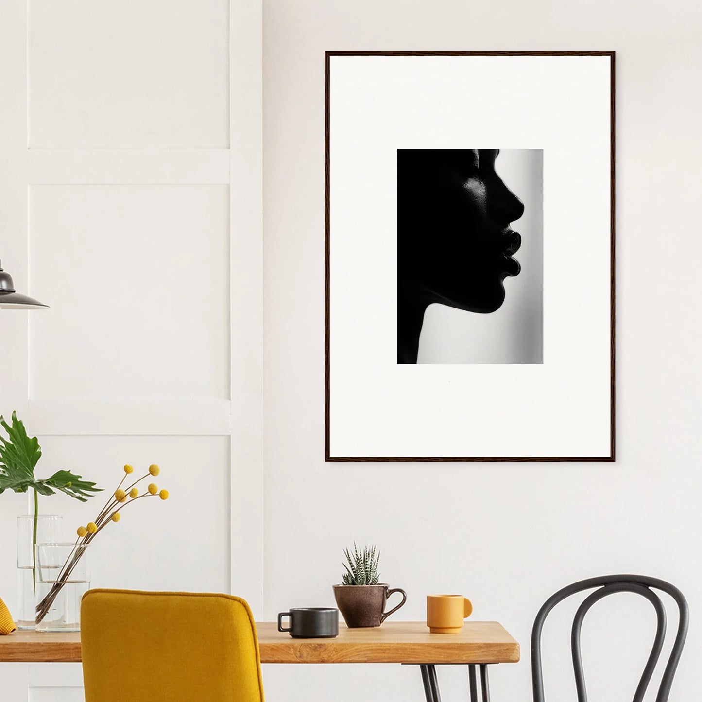 Stylish black and white silhouette portrait from Whispers Temporal Echoes on a wall