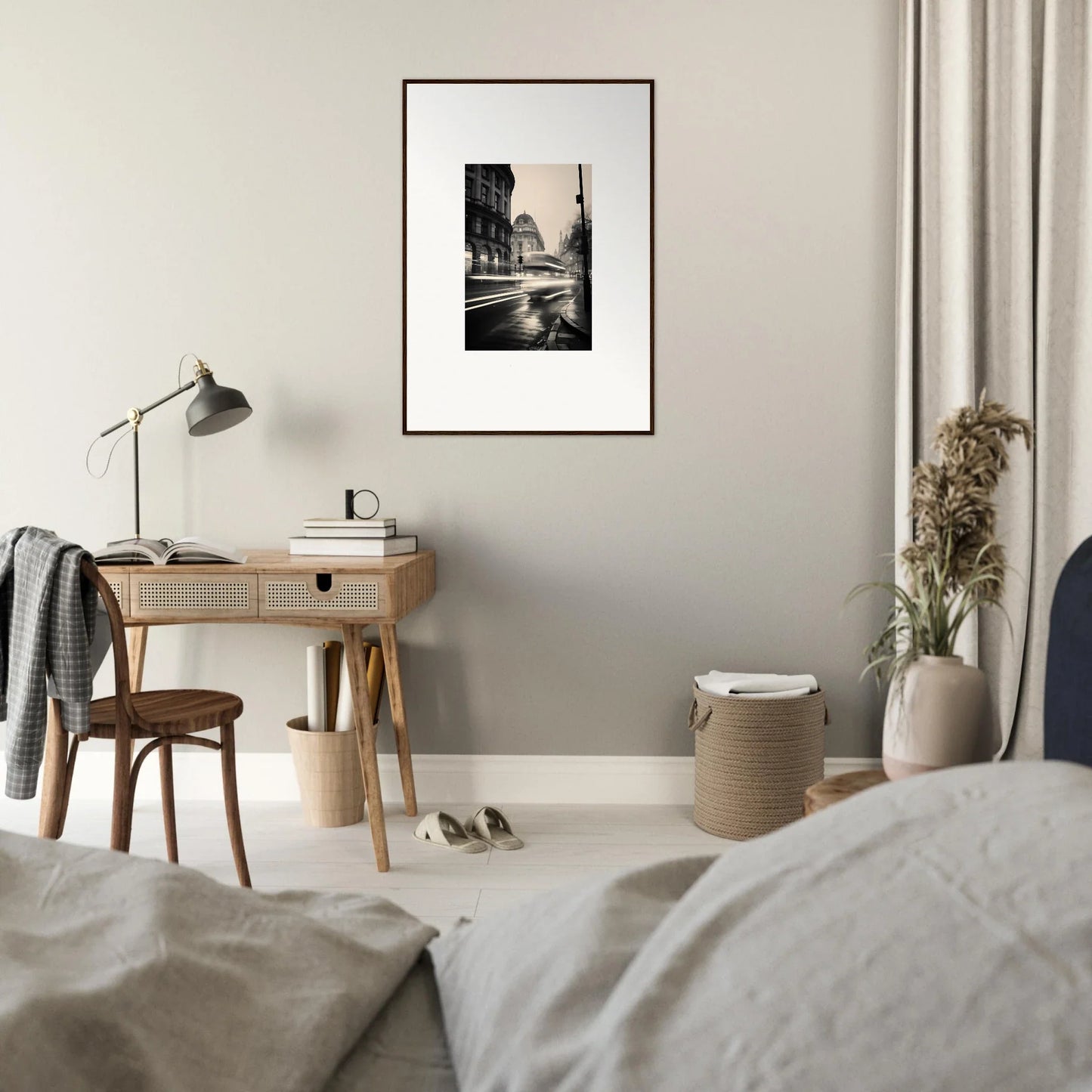 Wooden desk with lamp and black-and-white art from Ethereal Citypulse Reverie