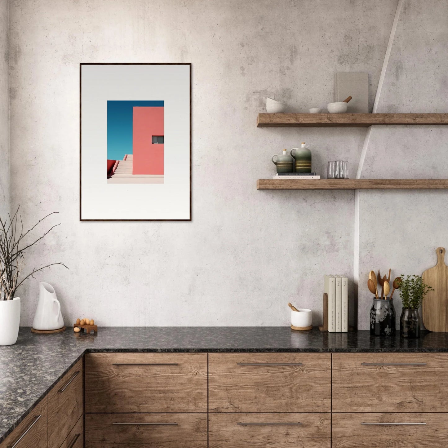 Modern kitchen cabinetry in Cerulean Dream Ickles style with wooden fronts and dark countertops
