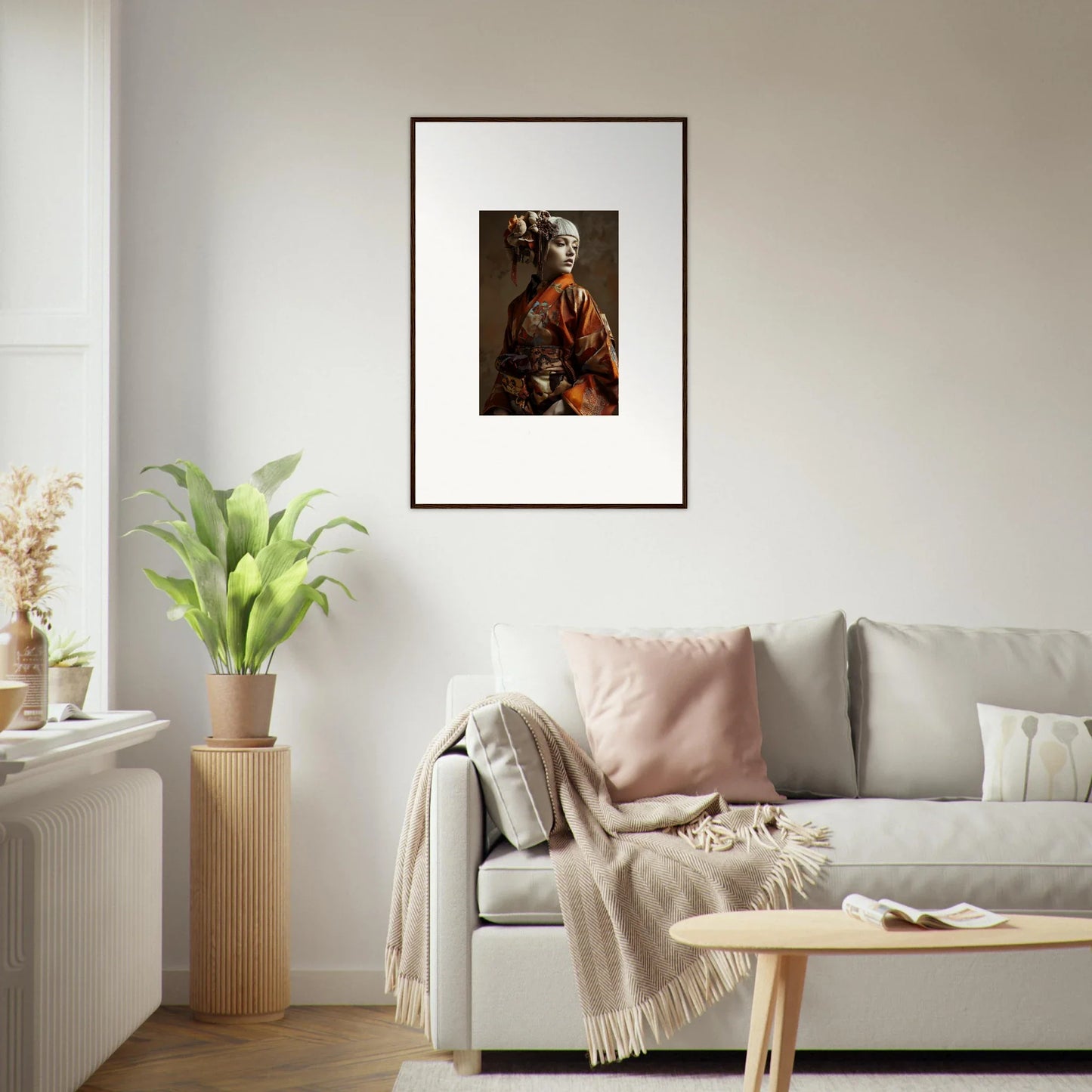 Framed portrait of a person in traditional Japanese attire for room decoration wall art