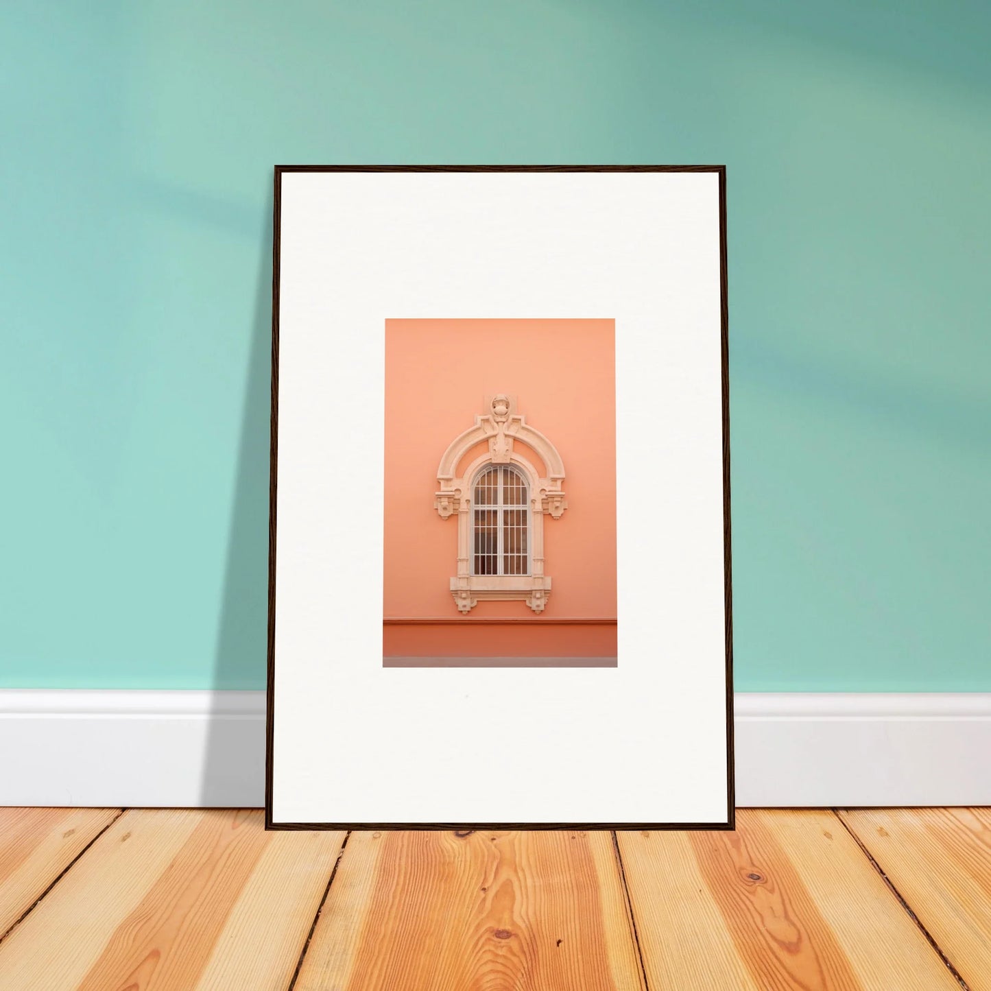 Framed photograph of ornate window on peach wall from Opulent Dualities Neoclassical