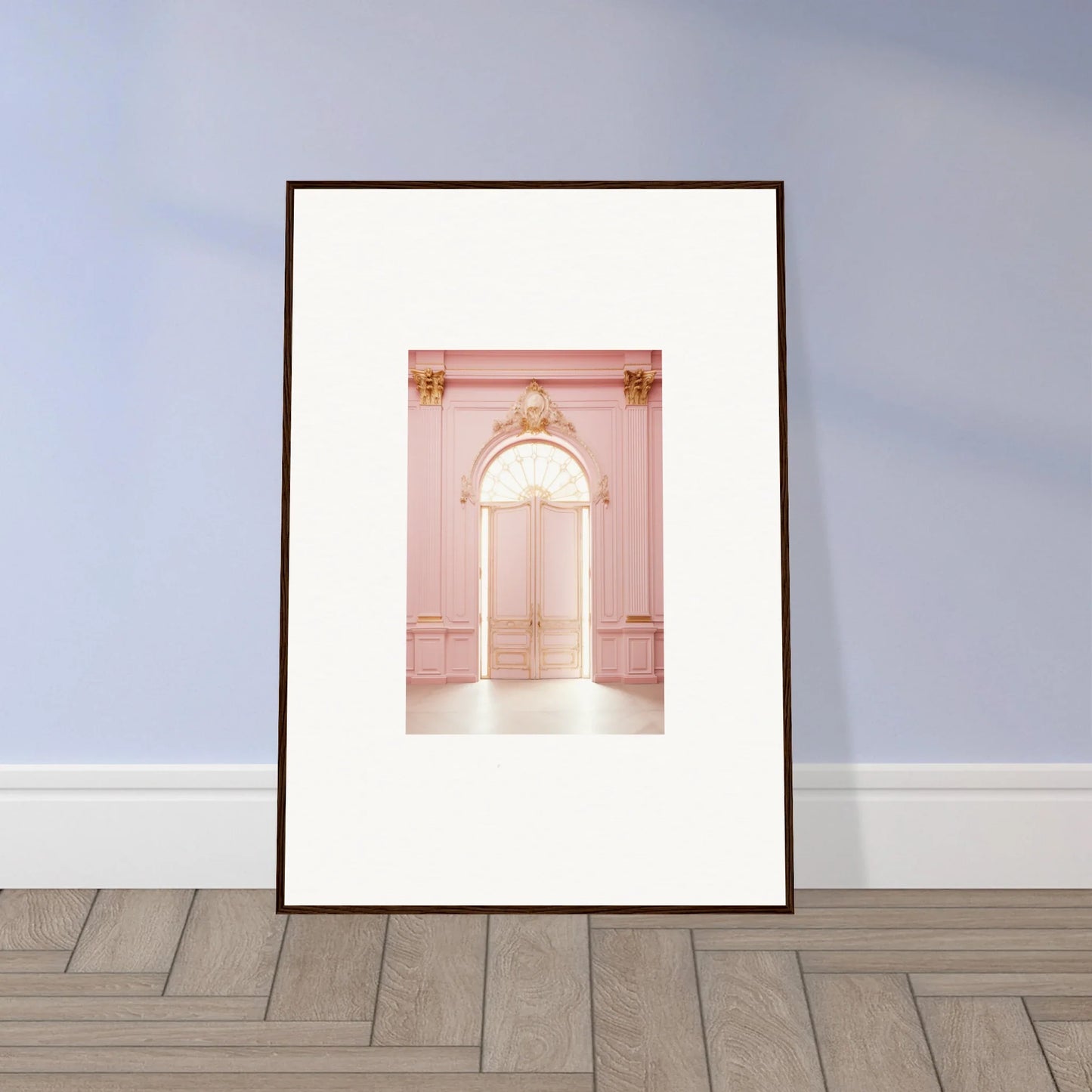 Framed wall art of a pink ornate archway in the Luminous Dreams Portal design