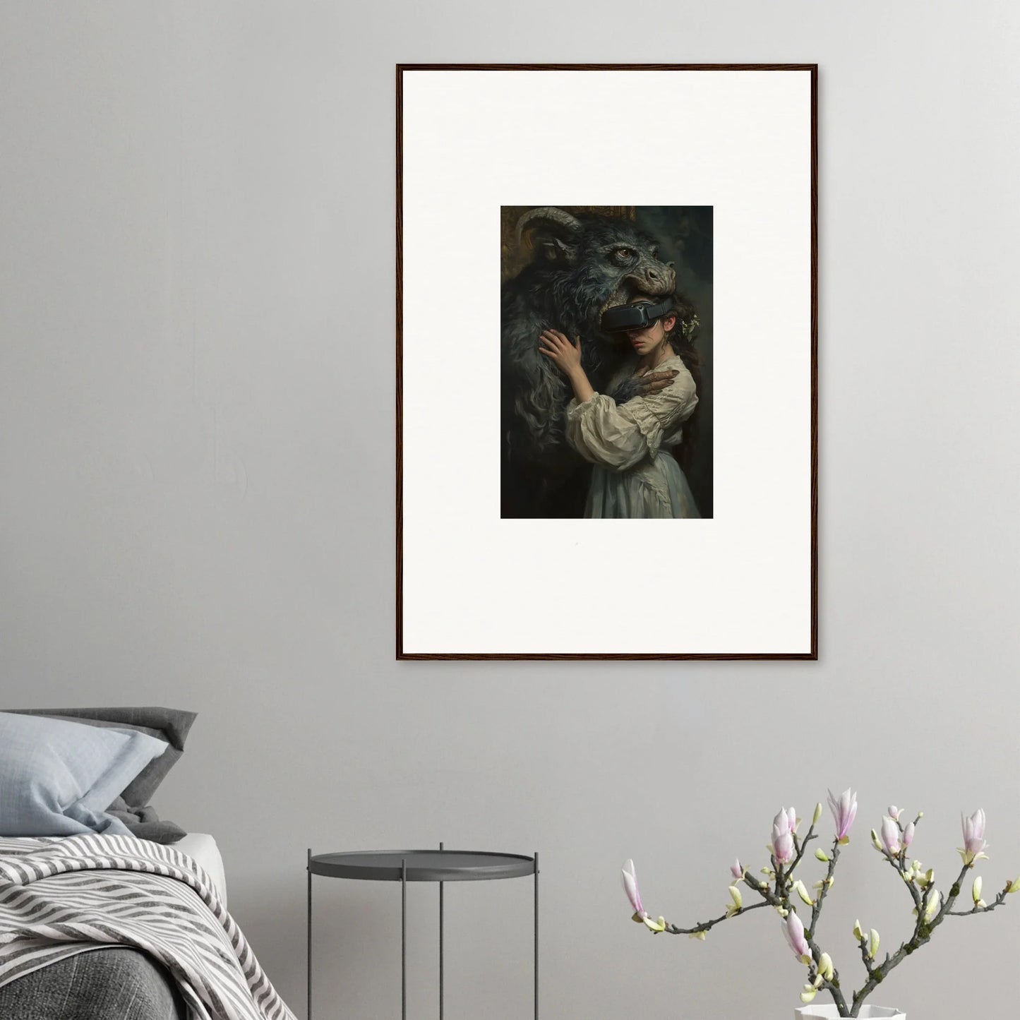 Framed artwork of a dramatic scene with a person and a dark wolf for Love, Reality Monster