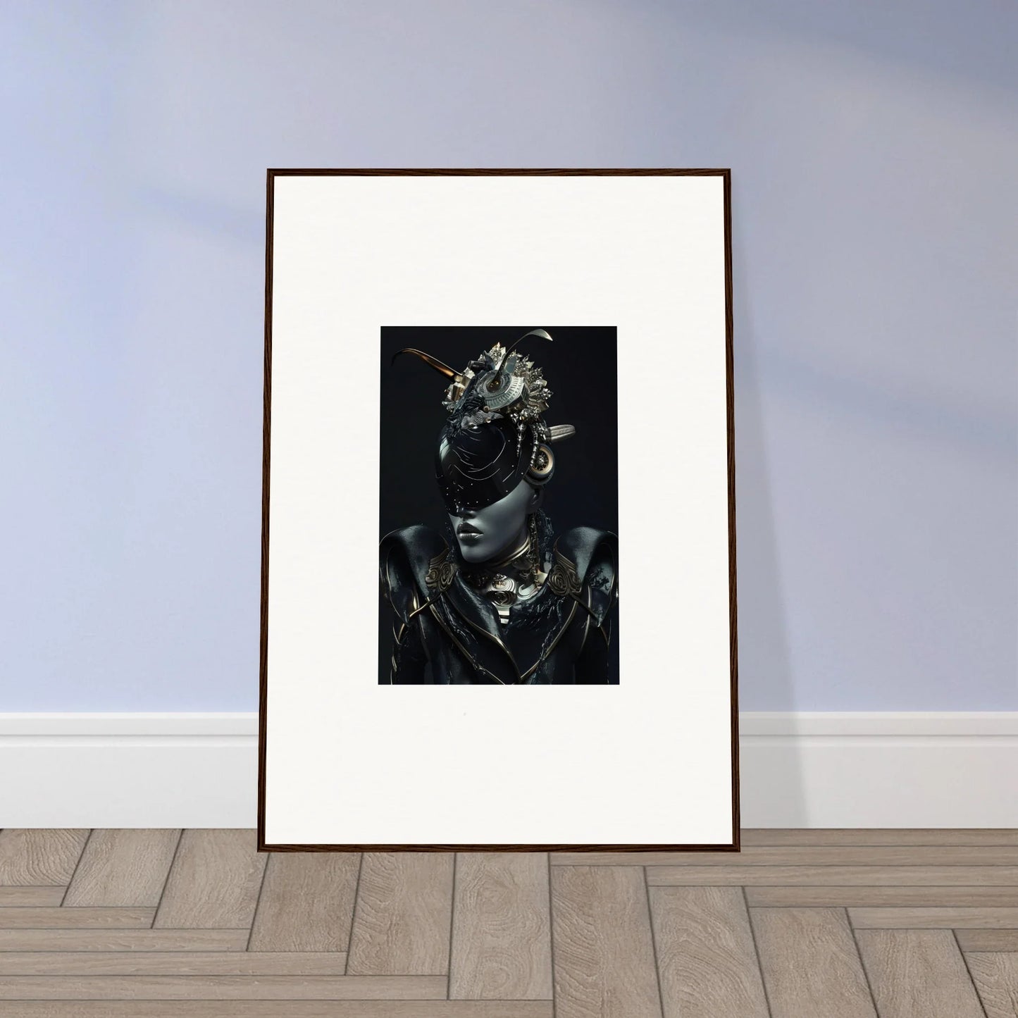 Framed black and white canvas print of a person in a stunning headdress for unique room decoration