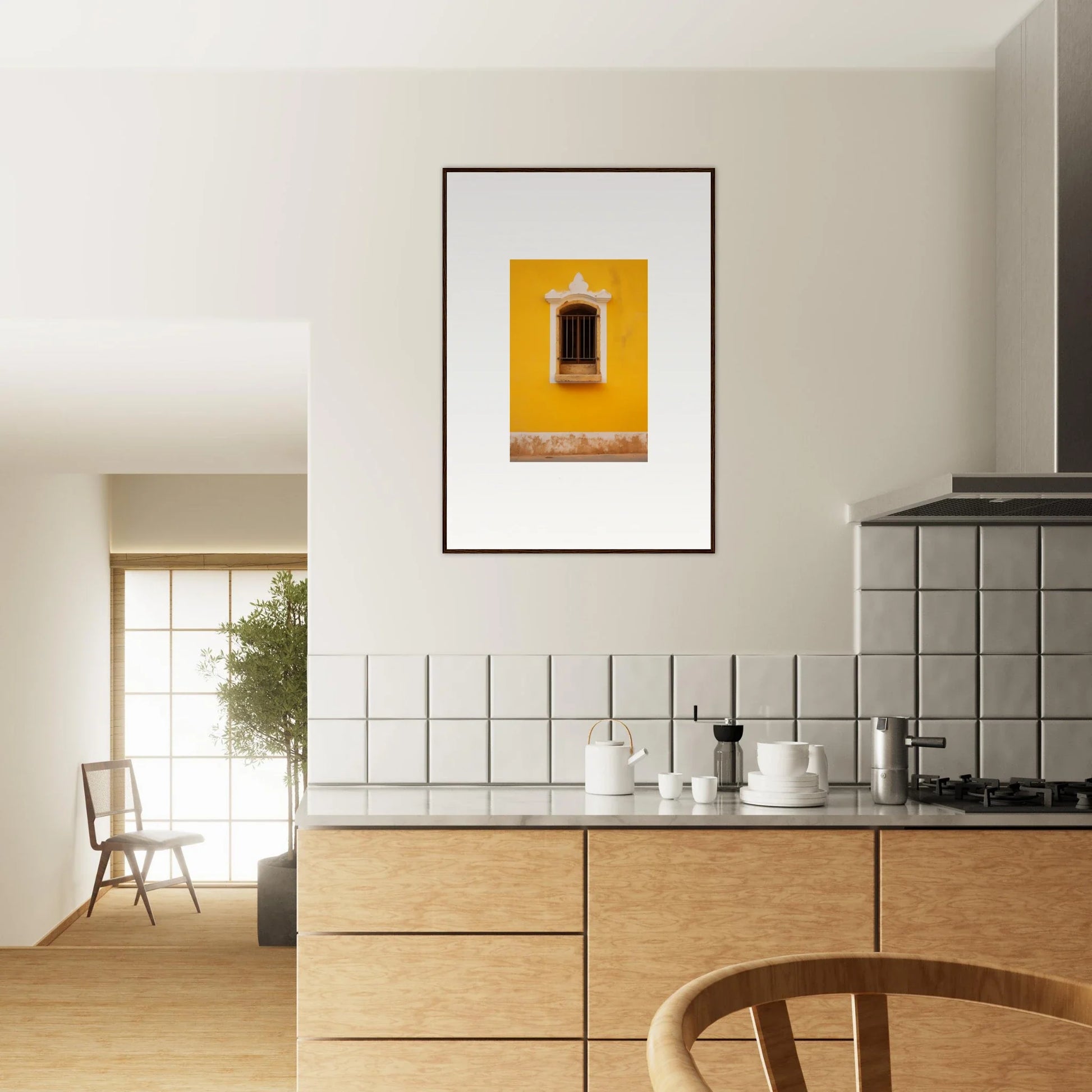 Framed Daisy Dreamgate Portal art print on a yellow wall with a window