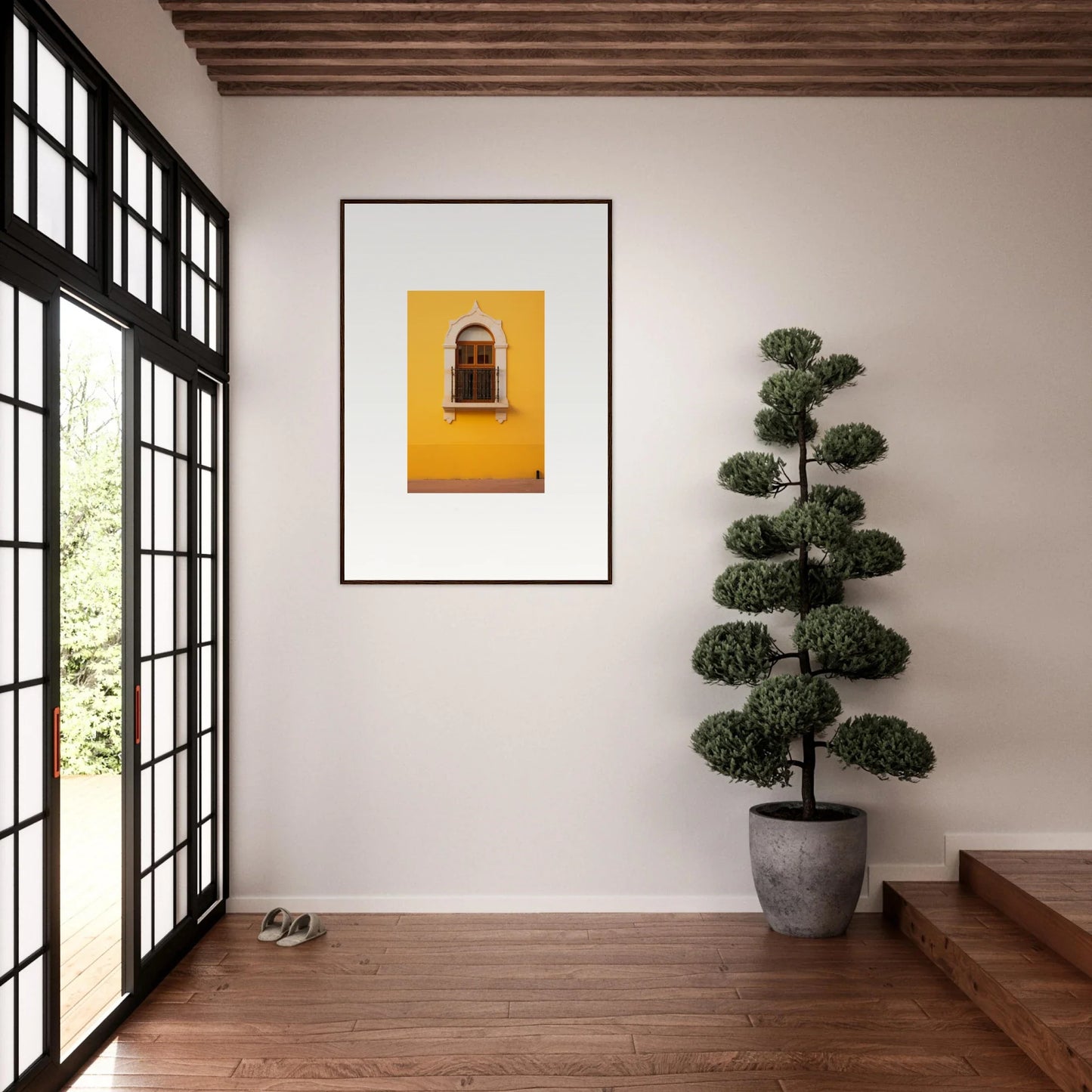Framed art of an arched window on a bright yellow wall, Golden Portal Reverie