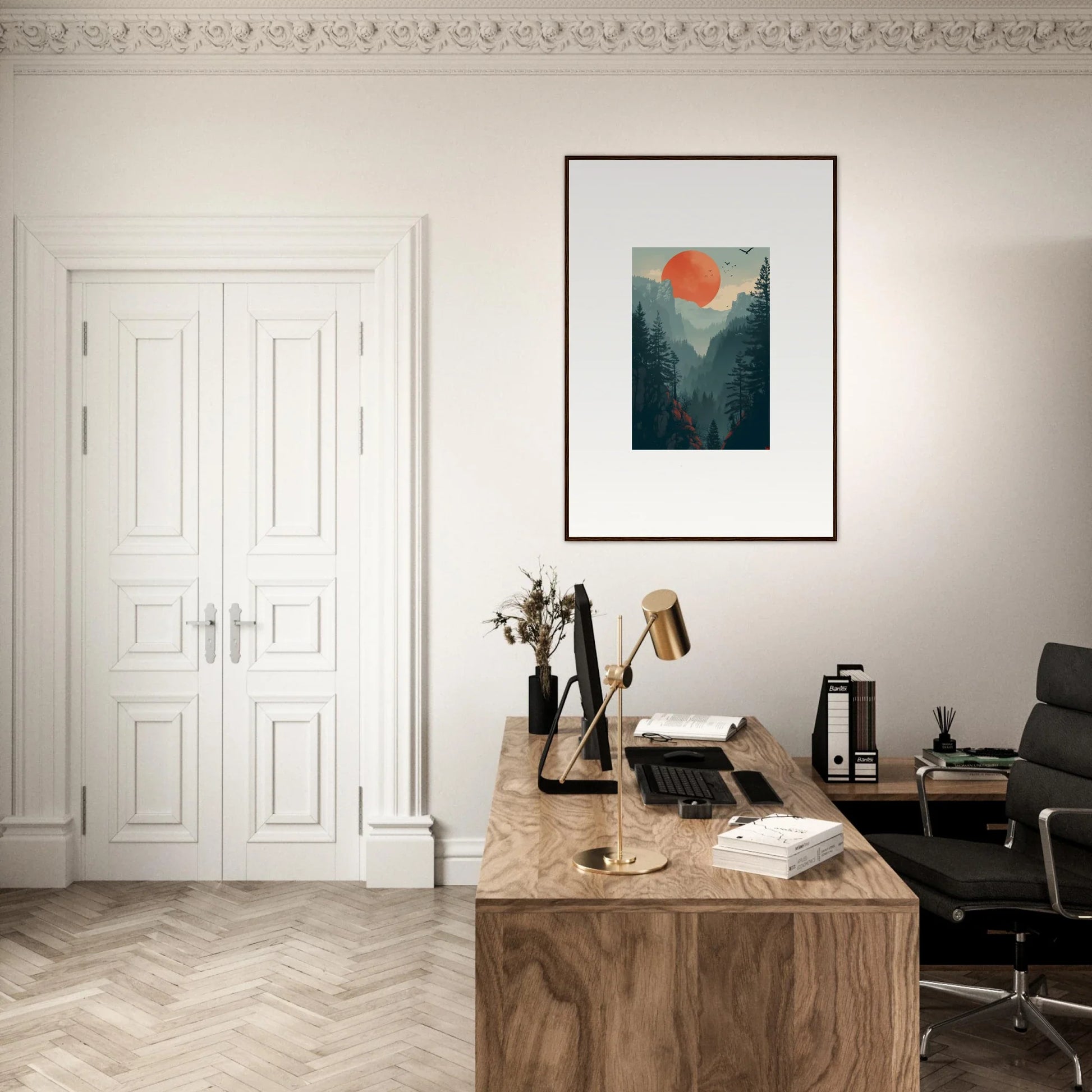Wooden desk with typewriter and books in minimalist workspace for Sunset Wilderness wall art