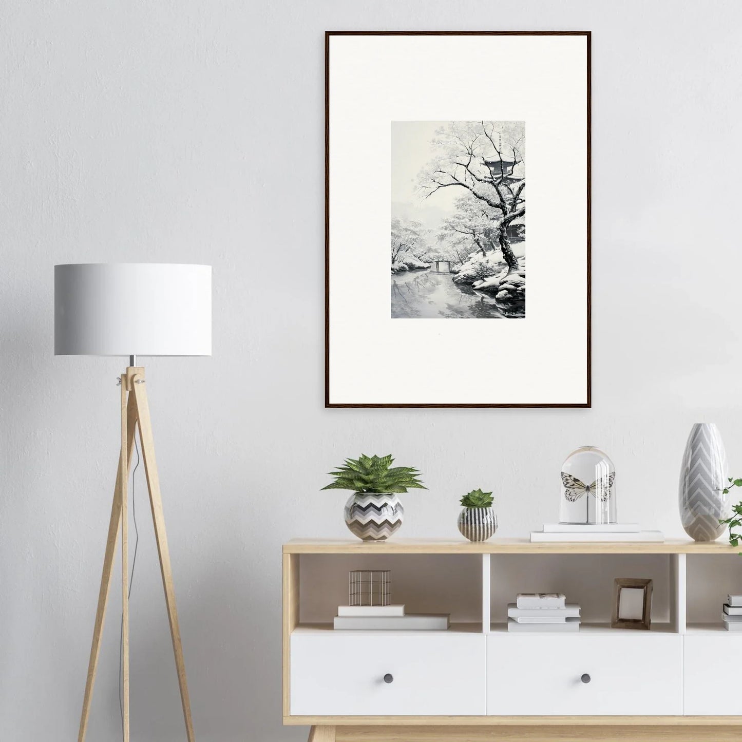 Black and white framed poster of a bare winter tree from Chilled Lunar Embrace art