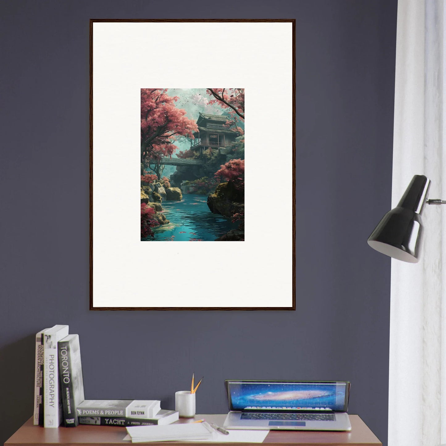 Framed Serenity’s Dreamscape artwork of a peaceful Asian temple with cherry blossoms