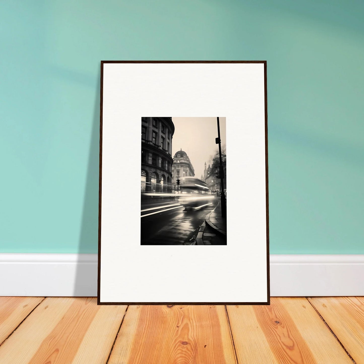 Framed black and white photo of a rainy street from Ethereal Citypulse Reverie special edition art™