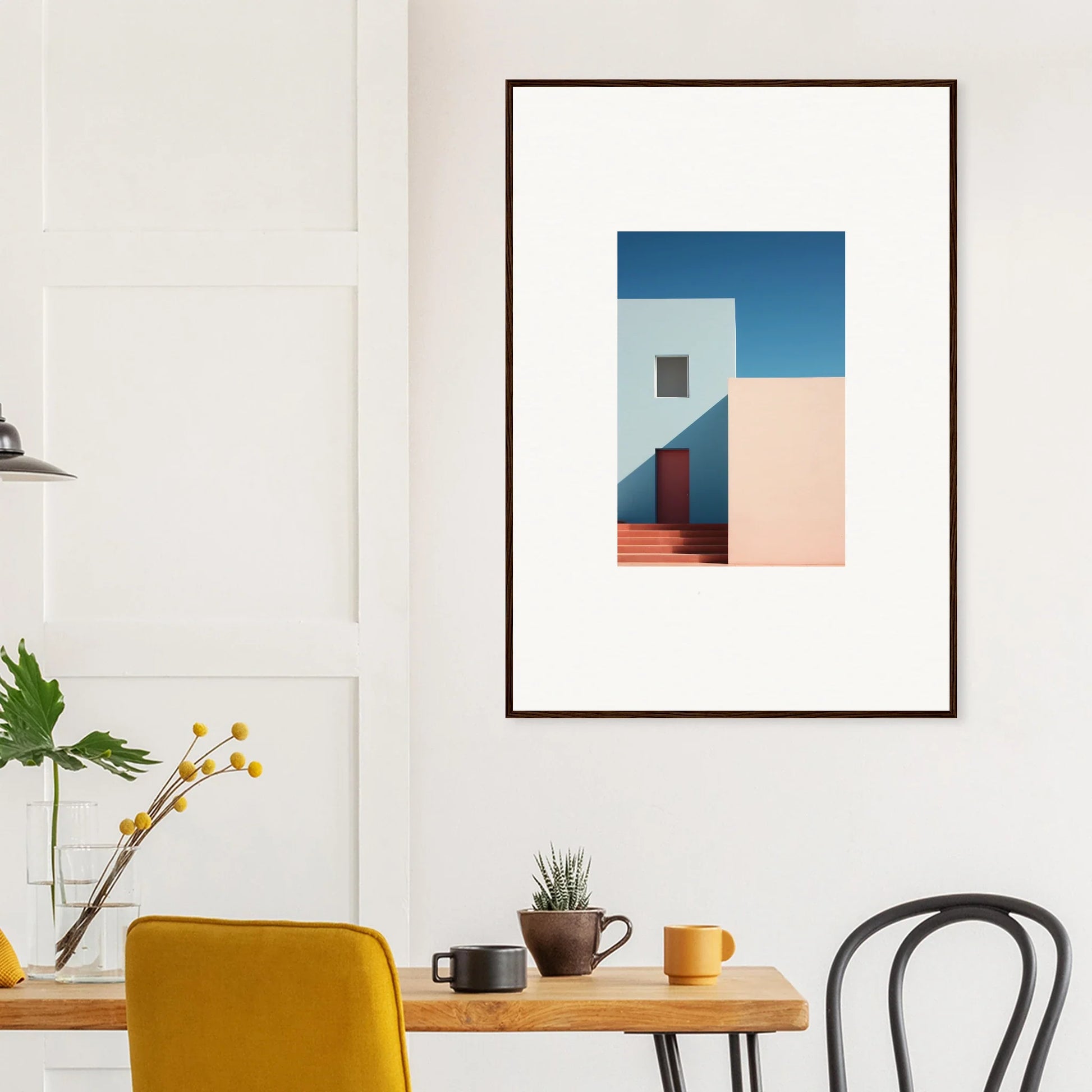 Framed minimalist architectural photograph in blue, white, and terracotta for Tangents of Porcelain