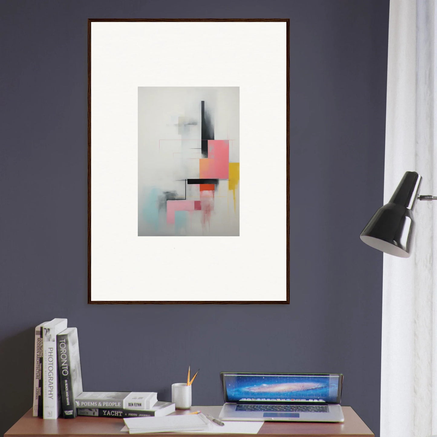 Framed wall art featuring Ethereal Chrome Juxtaposition with black lines and pink-yellow shapes