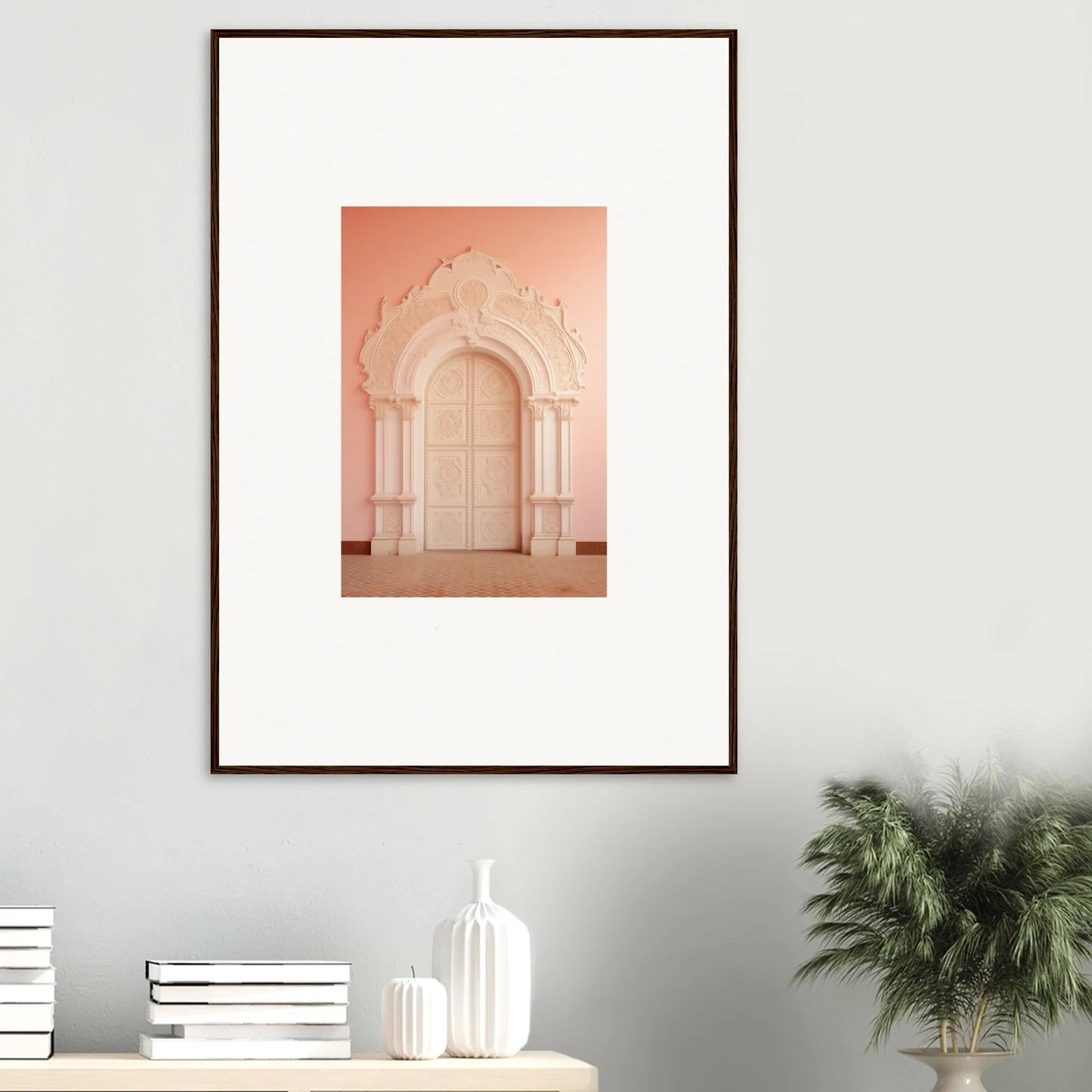 Framed wall art of an ornate arched doorway in peachy pink from Patio Reverie Sleutelenv