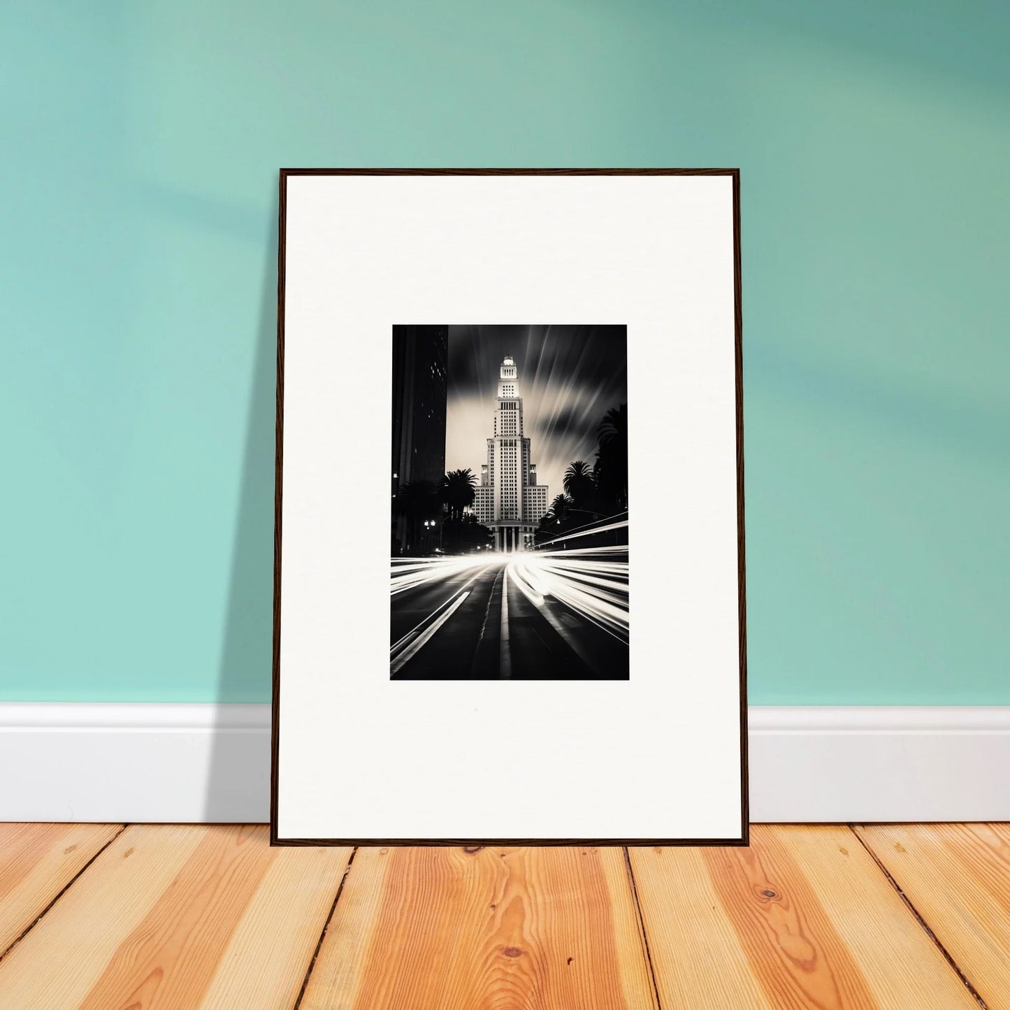 Framed black and white city building photo with light trails for Luminescent Metropolis Beacon