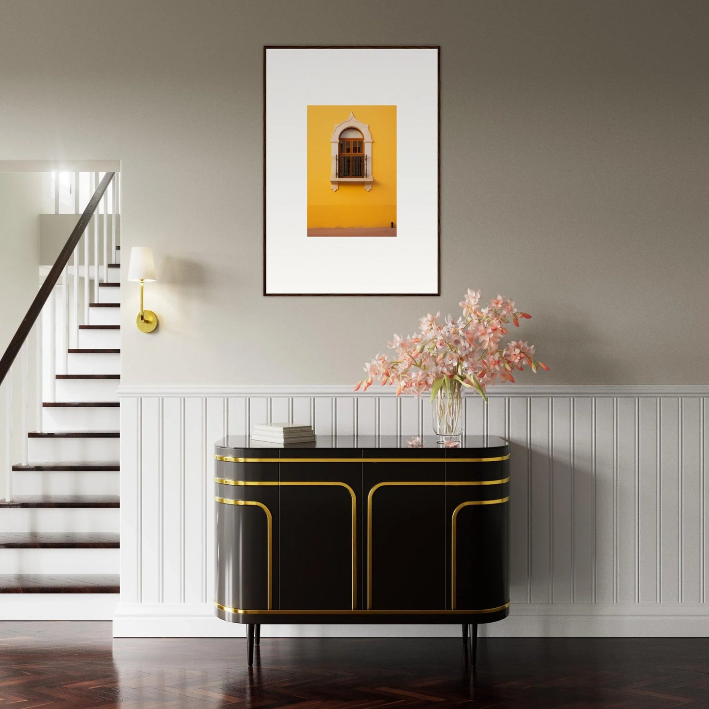 Black and gold Art Deco credenza with curves from Golden Portal Reverie special edition art™