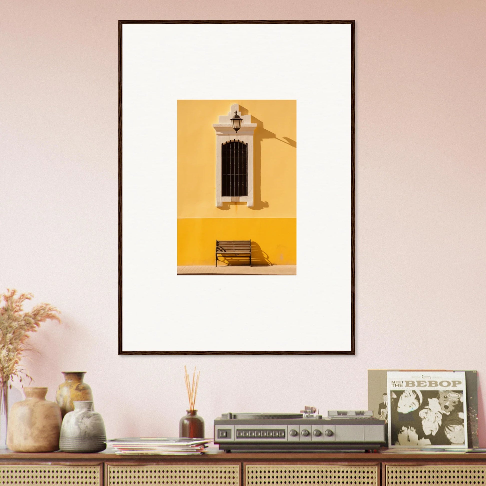 Framed photograph of a yellow wall with window and bench from Six-light Cult Optionsky